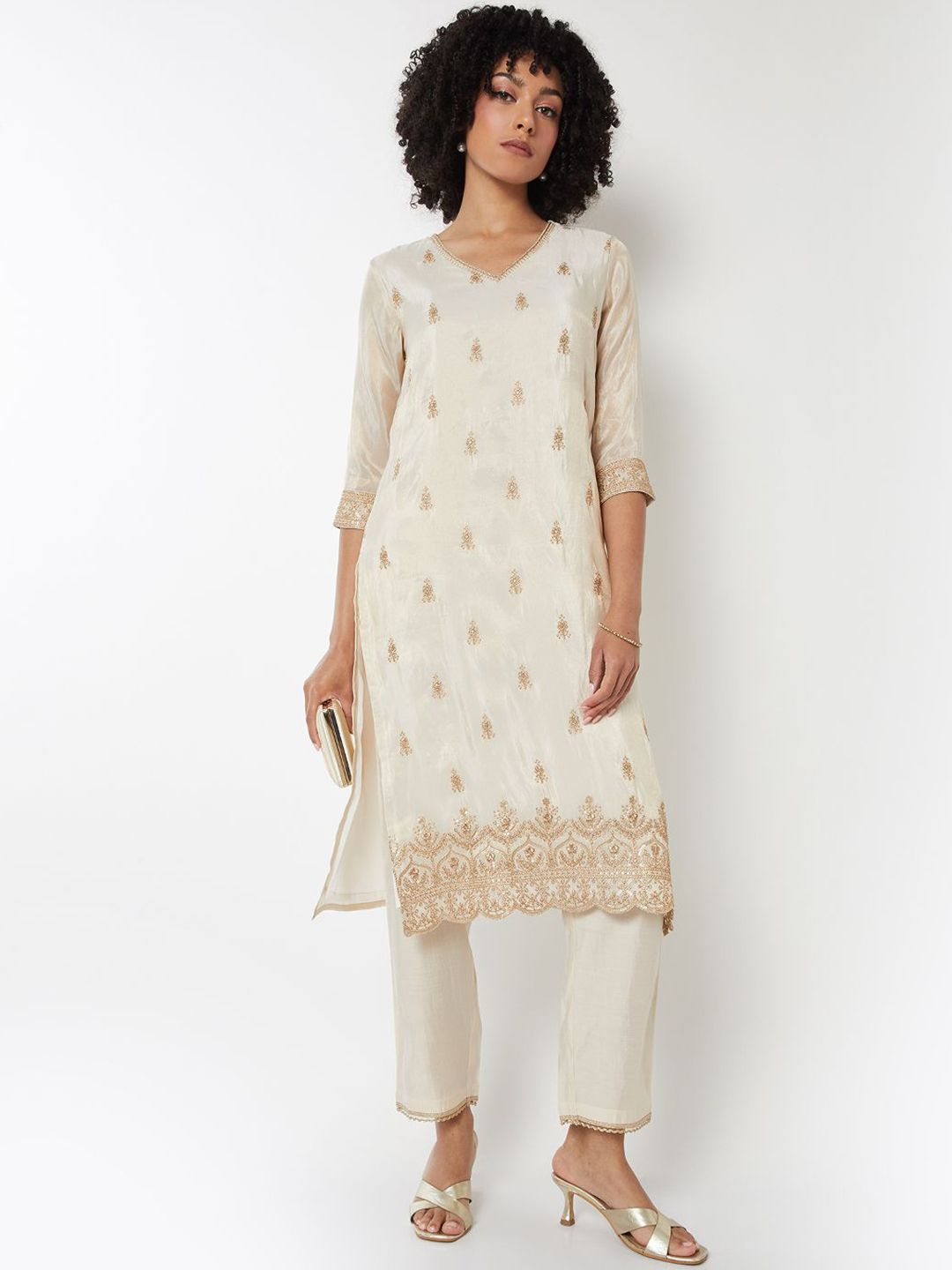 max Floral Embroidered V-Neck Sequinned Straight Kurta With Trousers