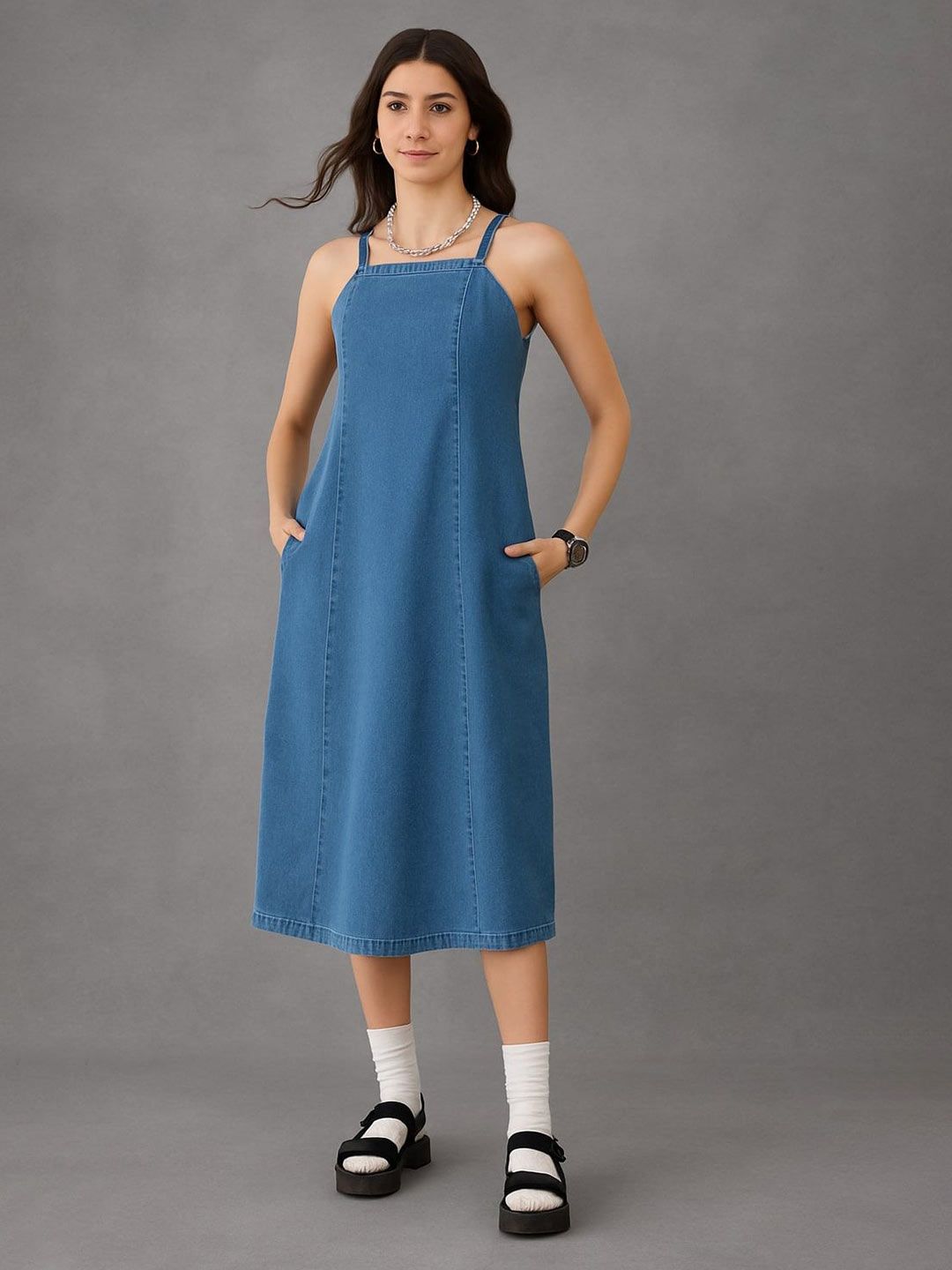 all about you Women Shoulder Straps Denim Cotton A-Line Midi Dress-picture-42