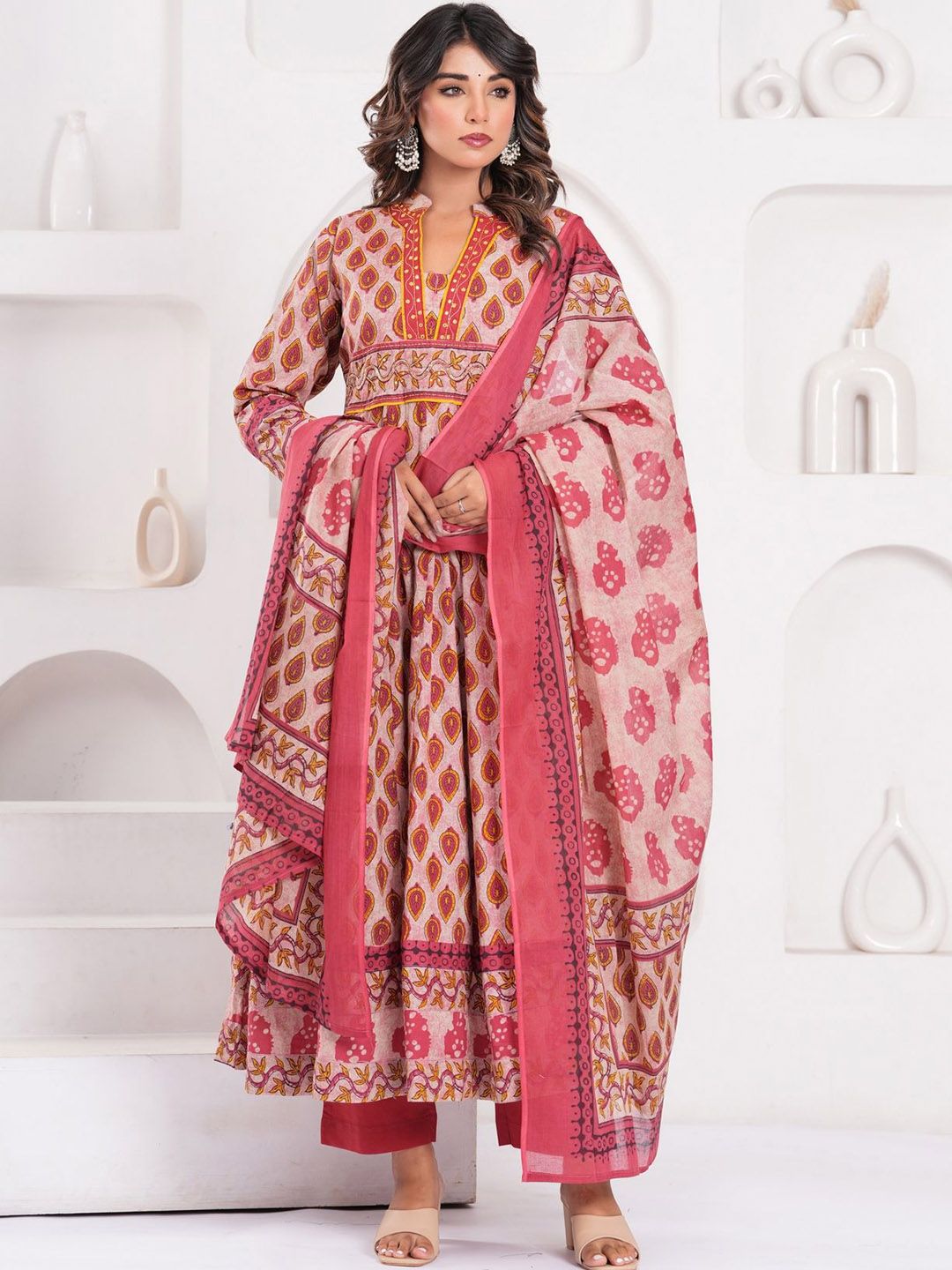 Kanahari Women Ethnic Motifs Printed Cotton Anarkali Kurta with Trouser & Dupatta