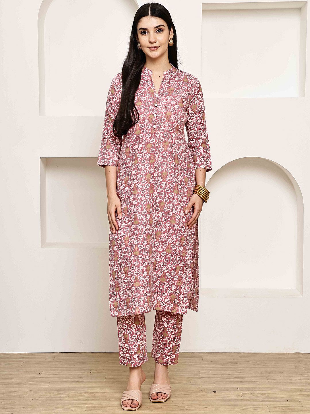 KALINI Jaipuri Printed Cotton Mandarin-Neck Tunic With Trousers Co-Ords-picture-30