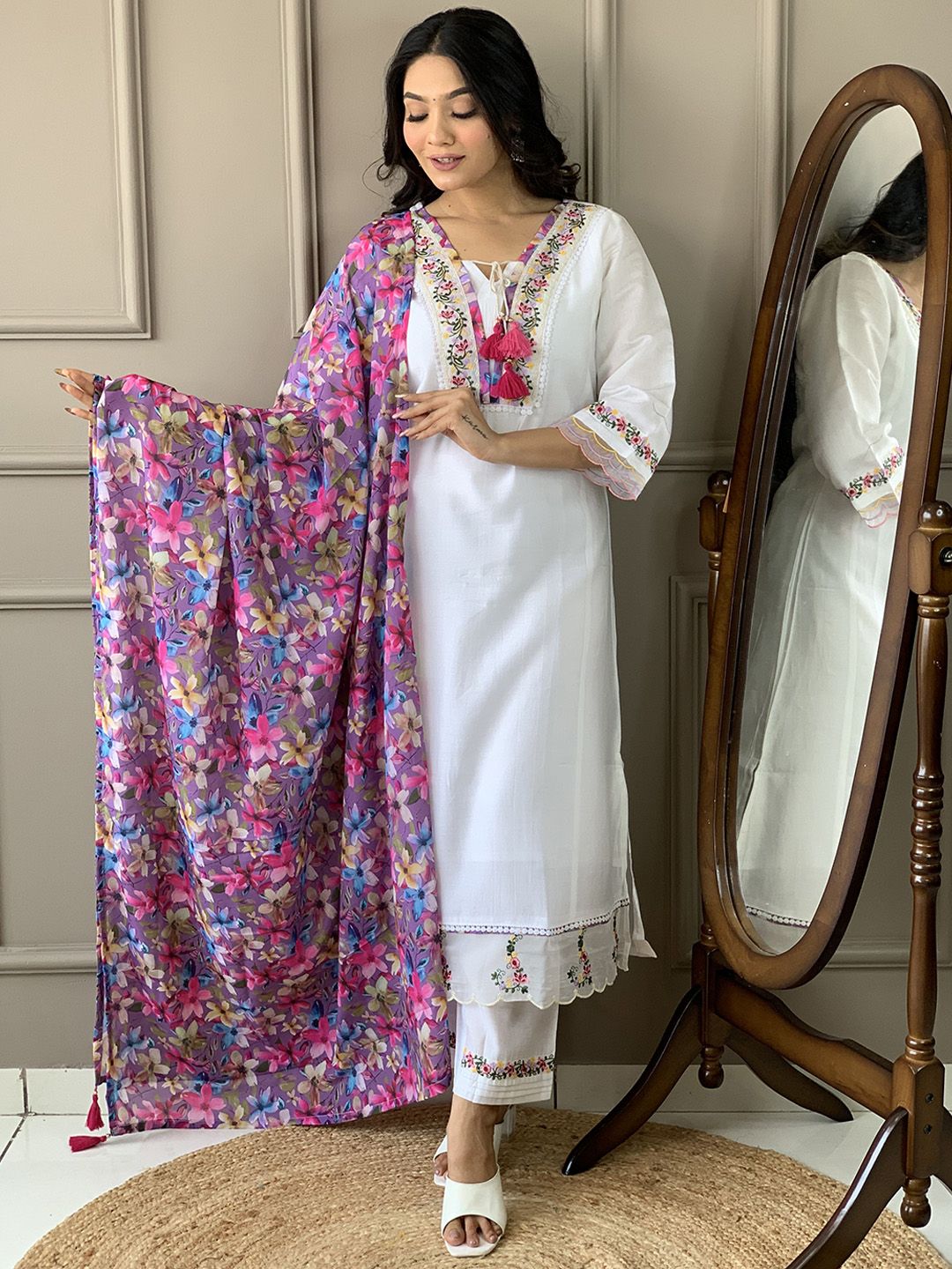 CANBIA Women Ethnic Motifs Embroidered Chanderi Silk Kurta with Trousers & Dupatta