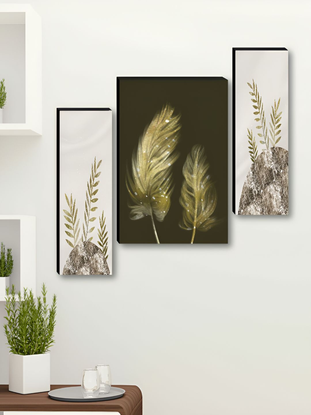 Livin'luxe Black & Gold Toned 3 Pieces Leaves Printed Wall Arts-picture-15