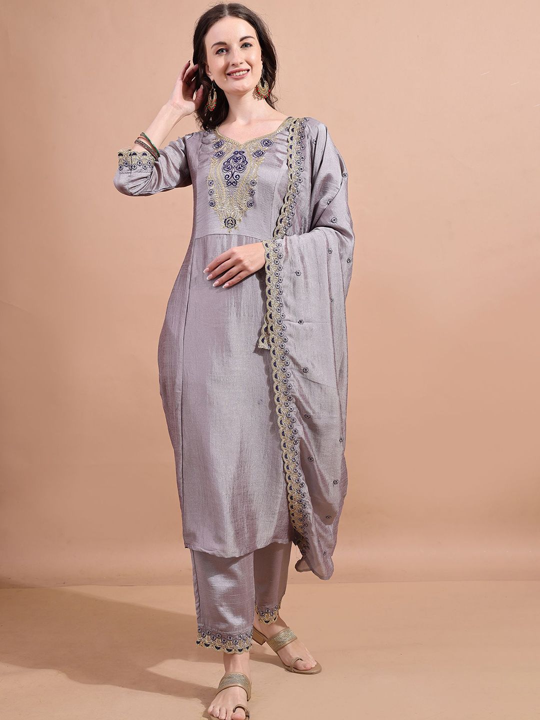 Granthva Fab Women Ethnic Motifs Embroidered A-Line Kurta with Trousers & Dupatta