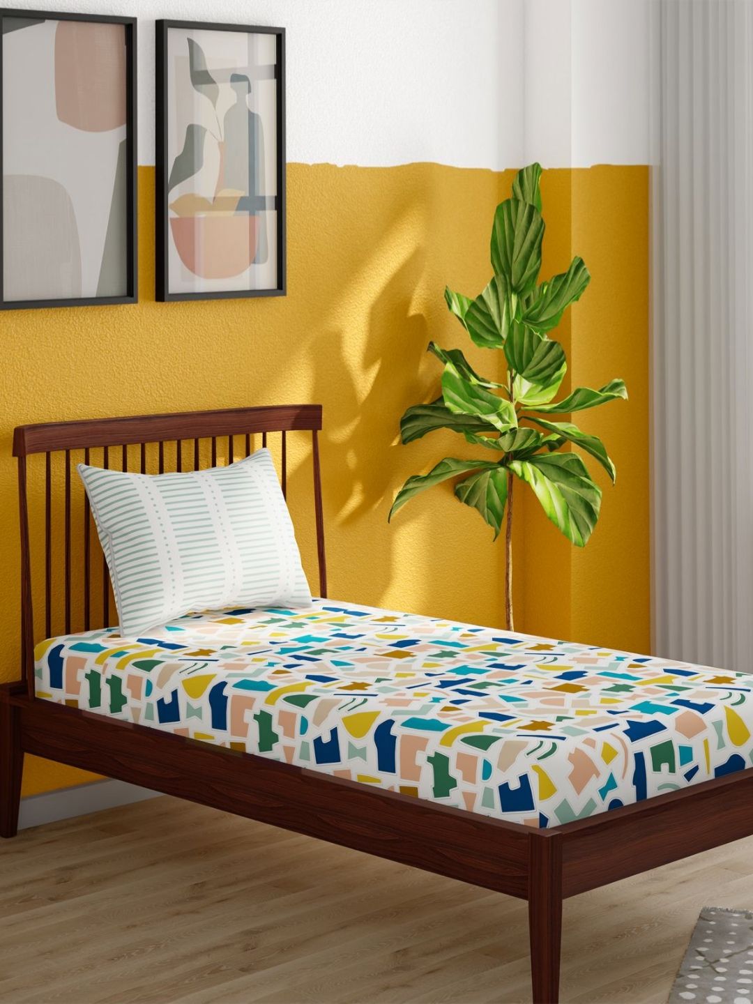 Portico Pixelpop White & Yellow Printed Cotton 152 TC Single Bedsheet Set 2.24 m x 1.5 m-picture-22