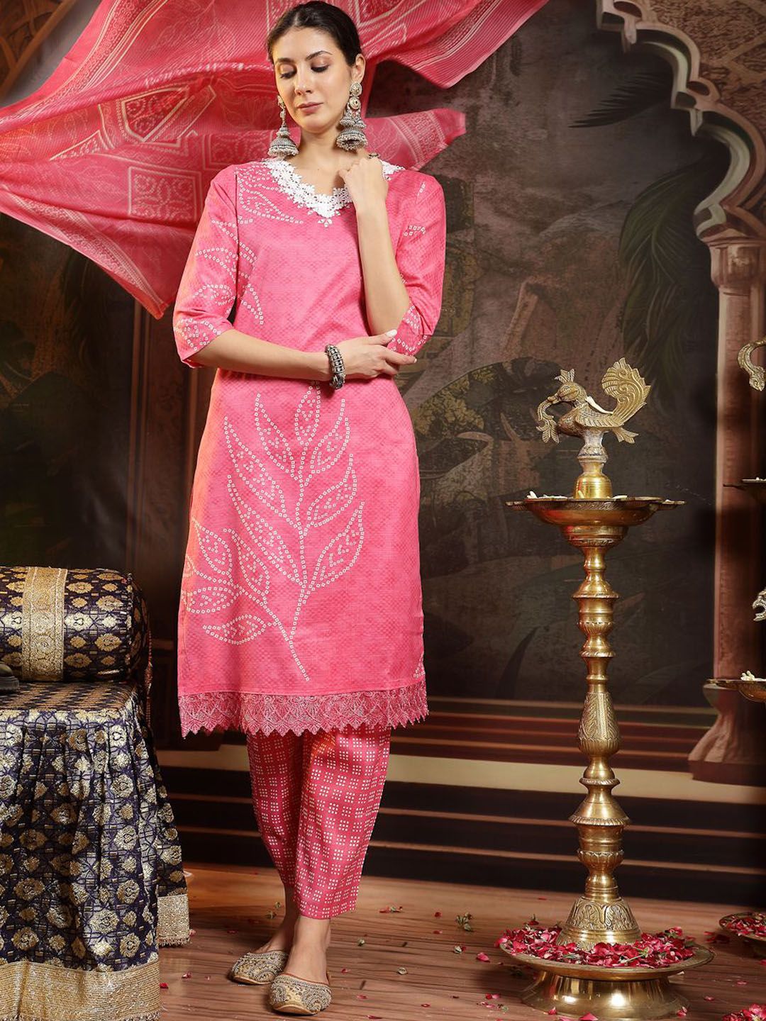 Stylum Women Bandhani Printed Regular Mirror Work Kurta with Trousers & Dupatta