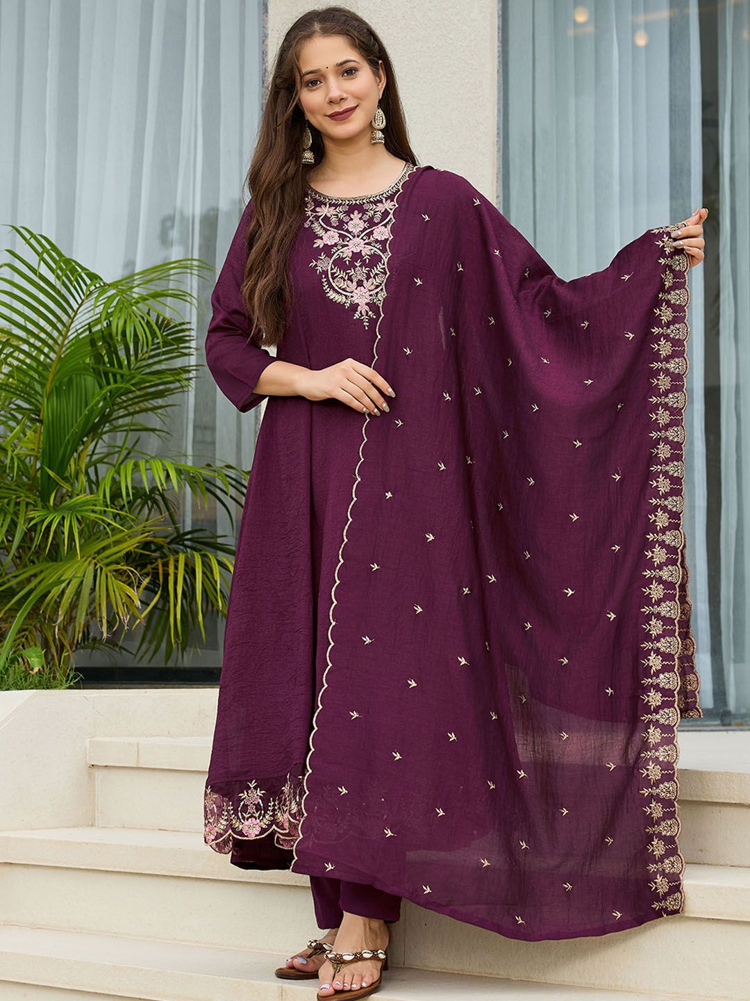 CANBIA Embroidered Round Neck Thread Work Anarkali Kurta With Trousers & Dupatta