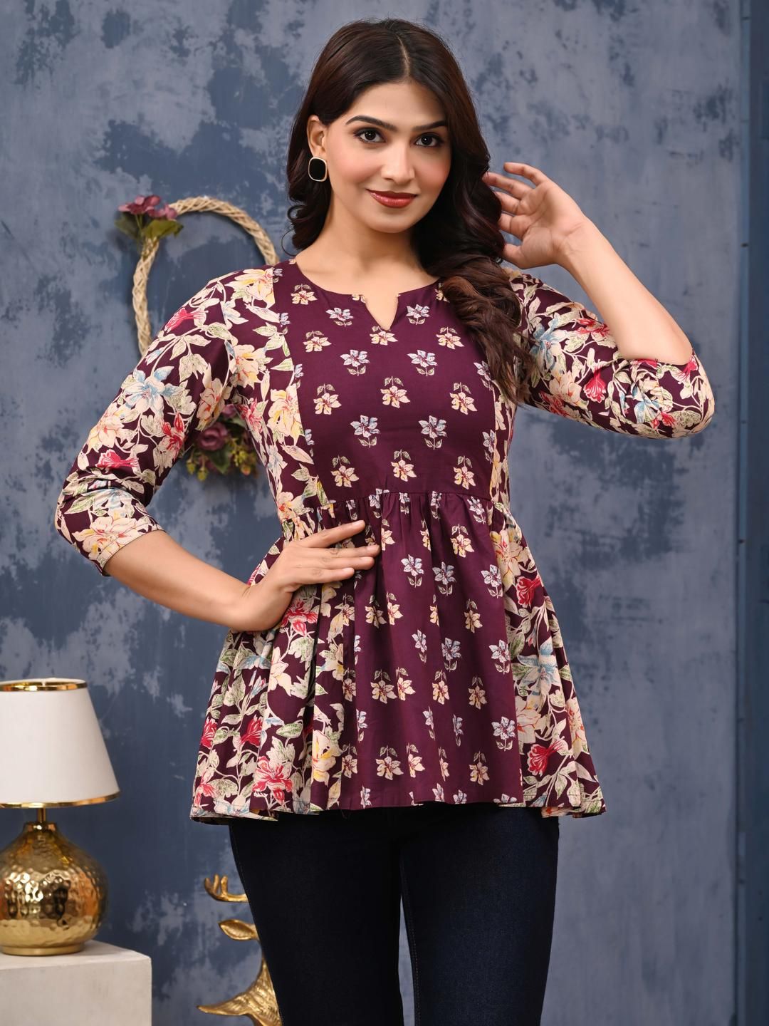 label adrija Pure Cotton Round Neck Floral Printed Anarkali Short Kurti for Women's Flared Hem-picture-11