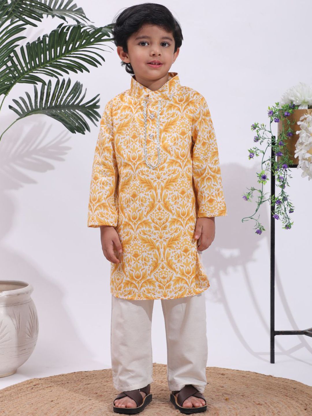 Cutiekins Boys Ethnic Motifs Printed Band Collar Straight Kurta with Pyjamas-picture-27