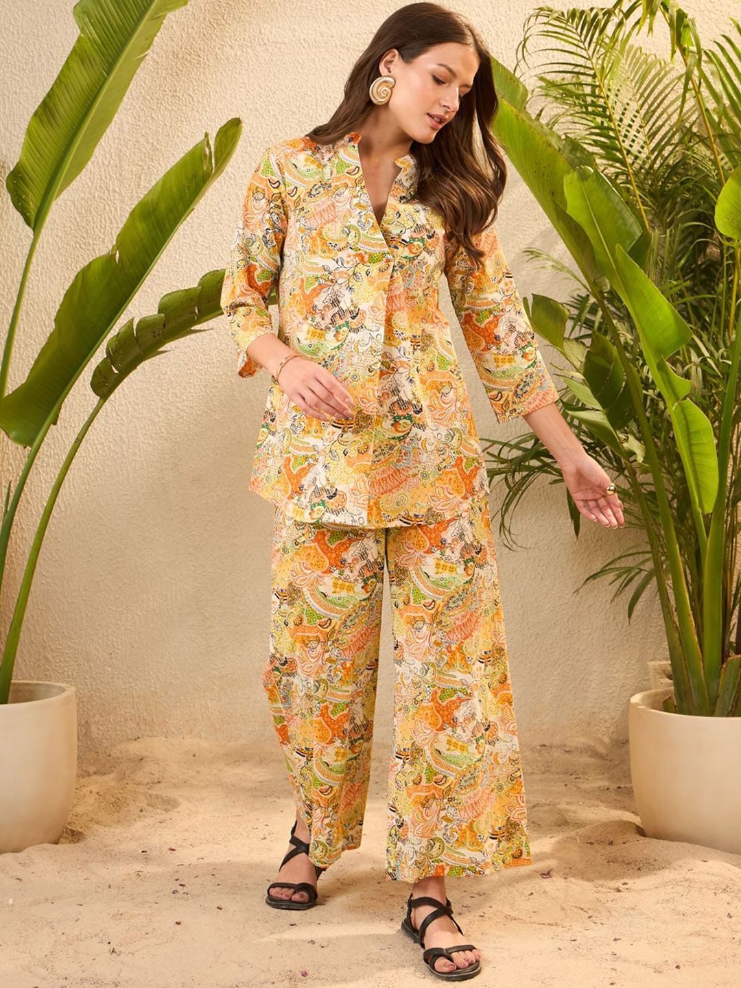 IMANA Printed Pure Cotton Mandarin-Neck Top With Trousers Co-Ords-picture-23