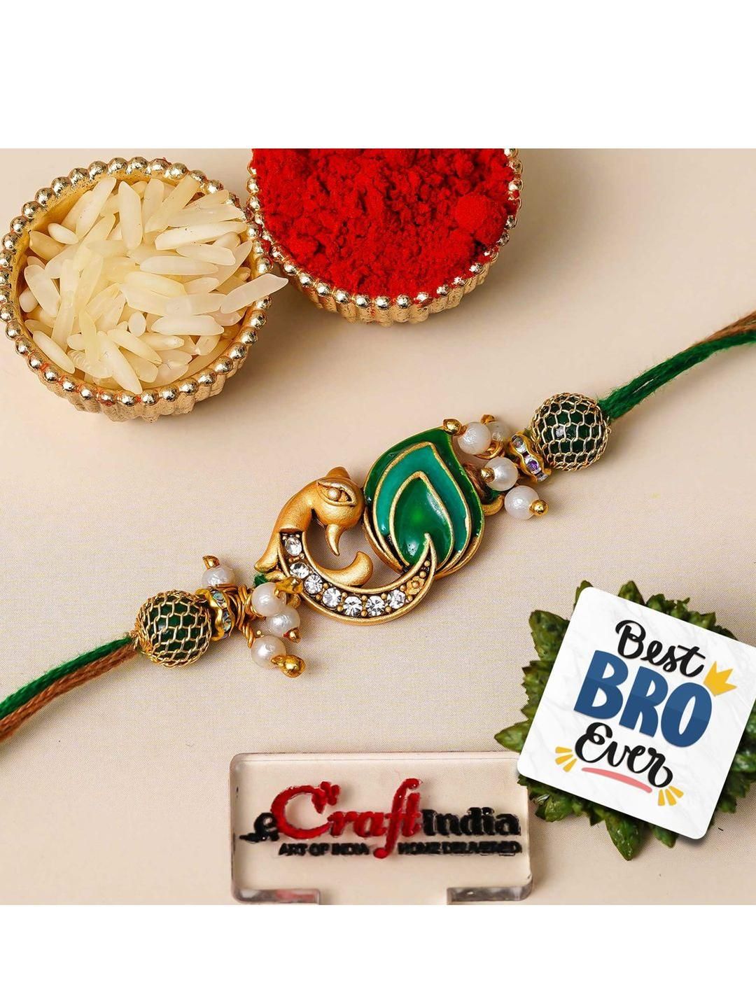 eCraftIndia Stone-Studded & Beaded Rakhi With Roli Rice & Magnet-picture-16