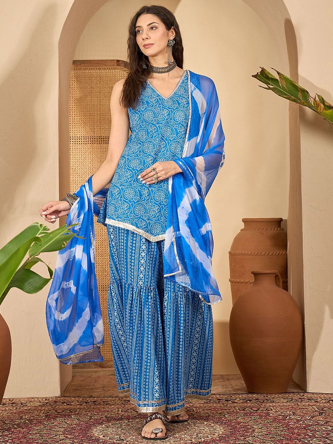 Sangria Women Bandhani Printed Regular Gotta Patti Kurta With Sharara & Dupatta