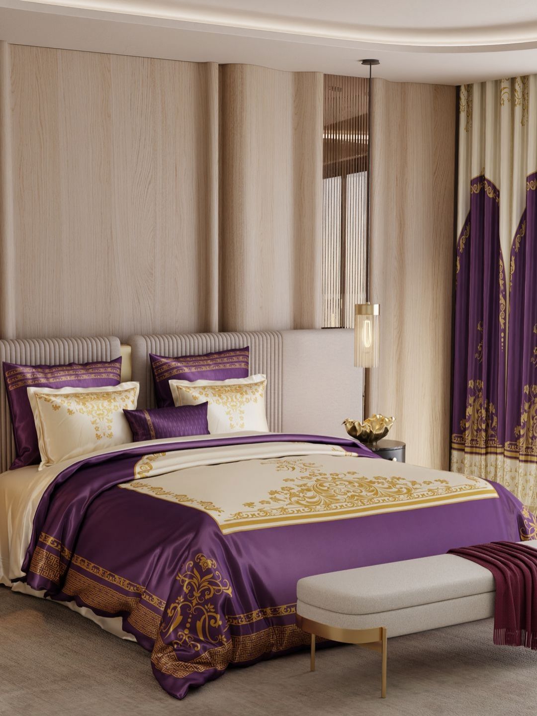 Stoa Paris Purple & Gold-Toned 9 Pieces Ethnic Motifs Double Extra Large Bedding Set-image-8