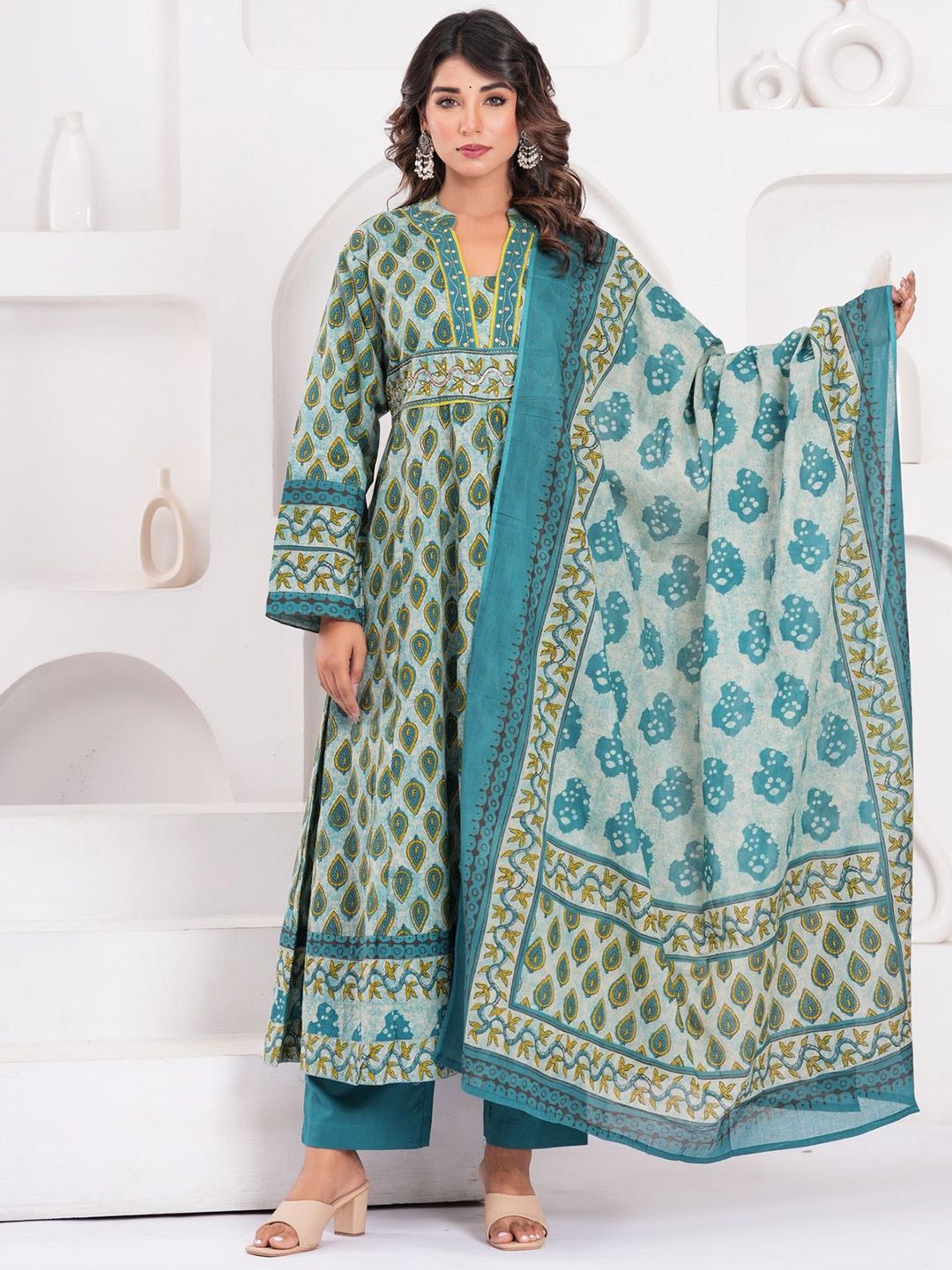 Kanahari Women Ethnic Motifs Printed Cotton Anarkali Kurta with Trousers & Dupatta