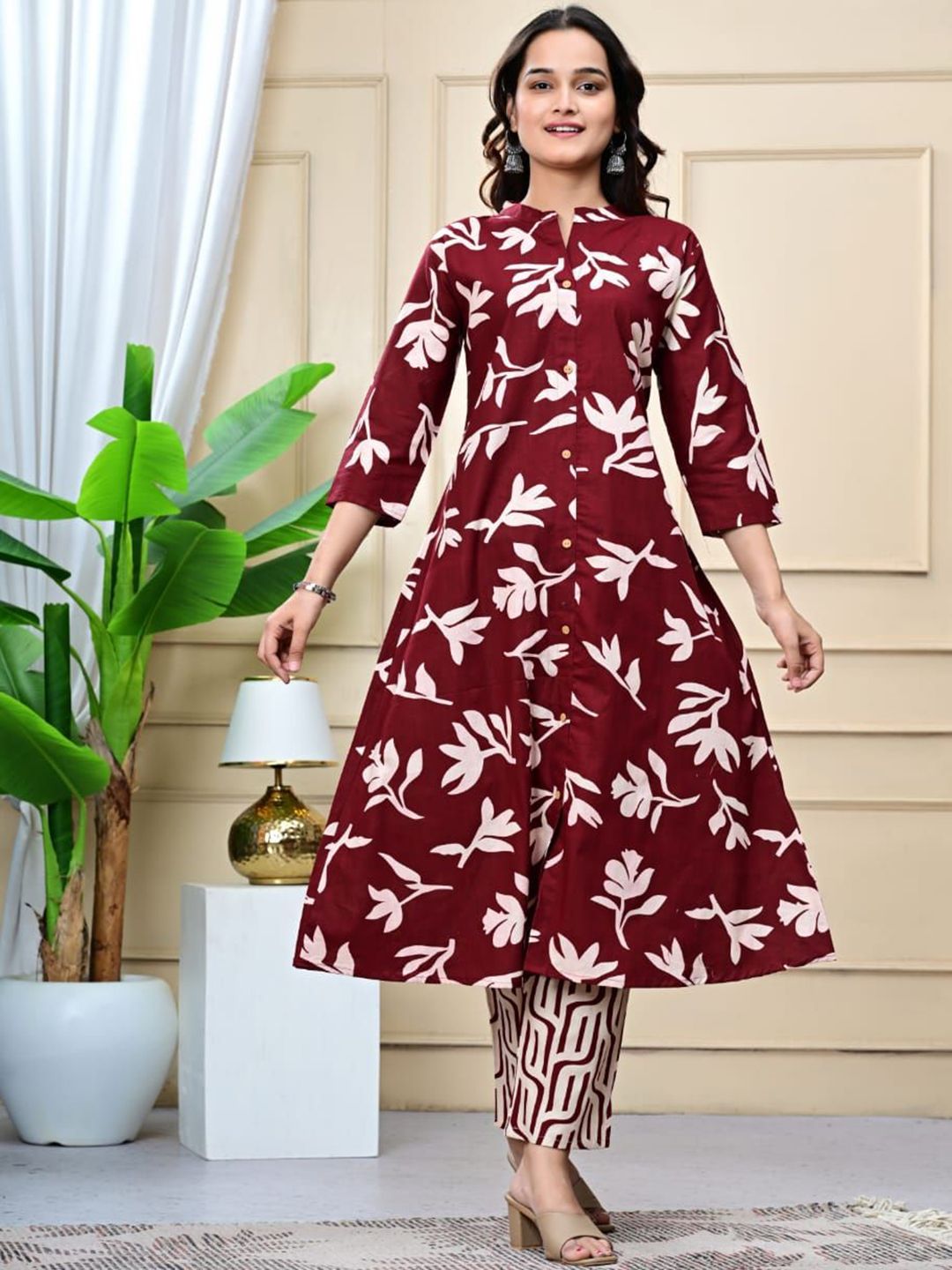 HERE&NOW Women Ethnic Motifs Printed Pure Cotton A-Line Kurta with Trousers