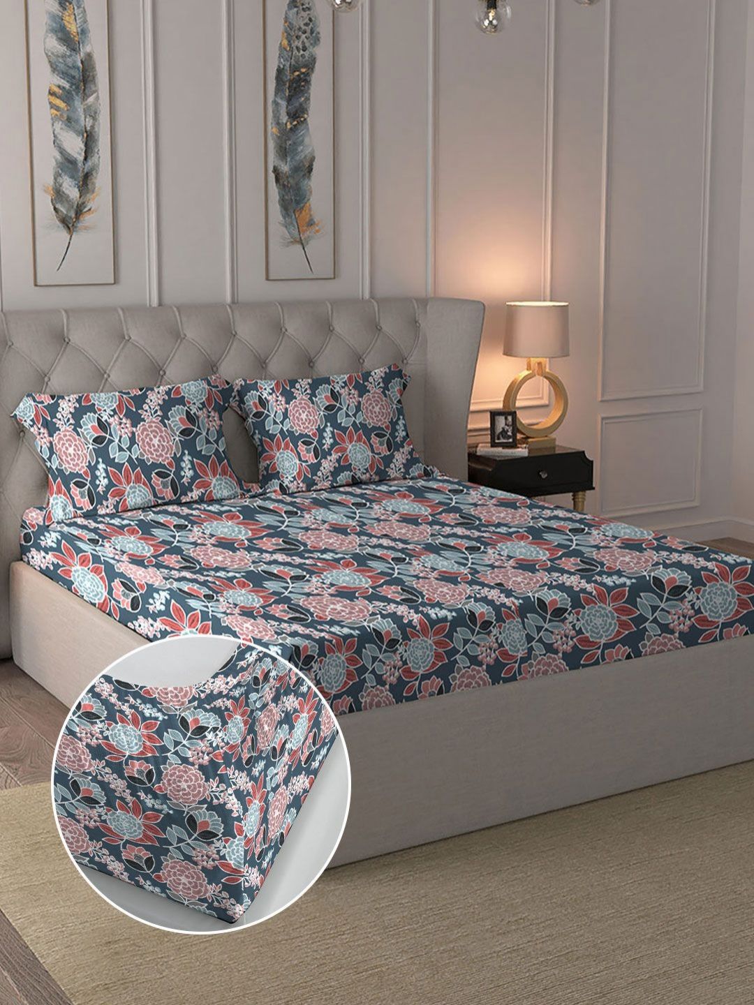 MYTRIDENT Grey & Red Floral Cotton 144 TC Fitted Double King Bedsheet Set-1.8mx1.98m-picture-10