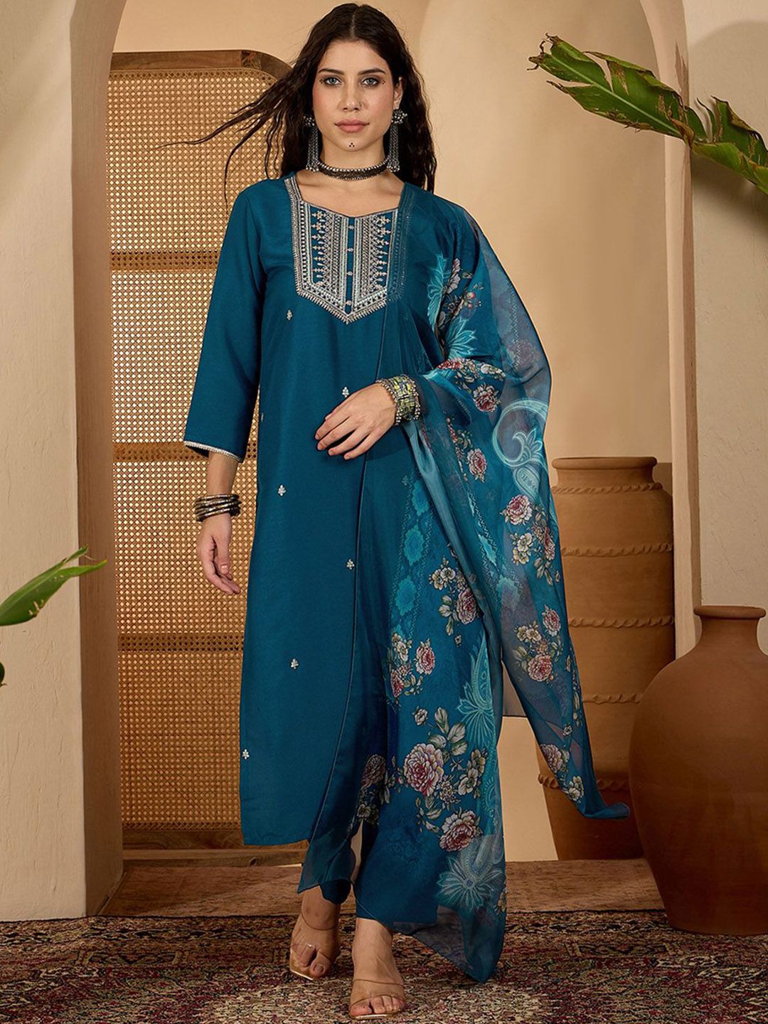 Sangria Floral Embroidered Sequinned Square Neck Straight Kurta With Trouser & Dupatta-picture-38