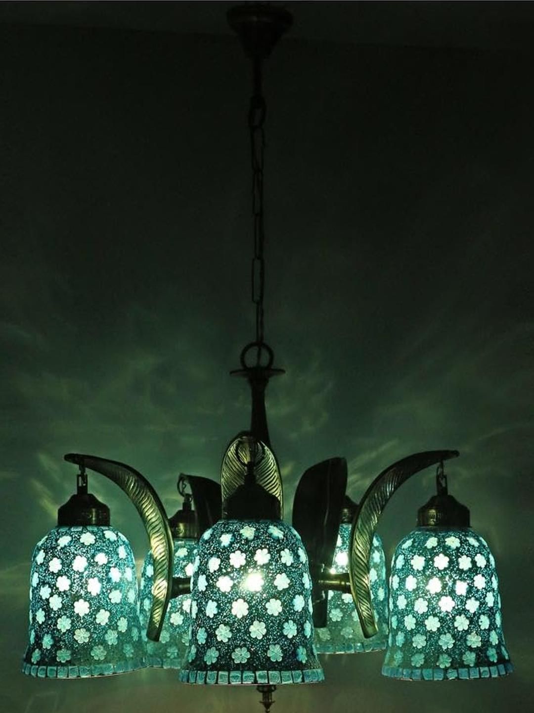 Somil Antique 5-Light Chandelier with Mosaic Glass Shades, Firozi and White Lighting Effect, Metal Fitting. LED Compatible. Dia: 48 X 48 X 100 Cm.-picture-12