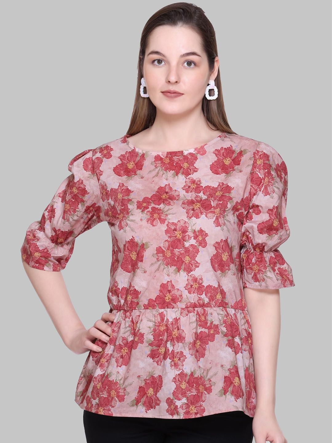 KIZA Floral Printed Round Neck Pure Cotton Top With Trousers Co-Ords-picture-40