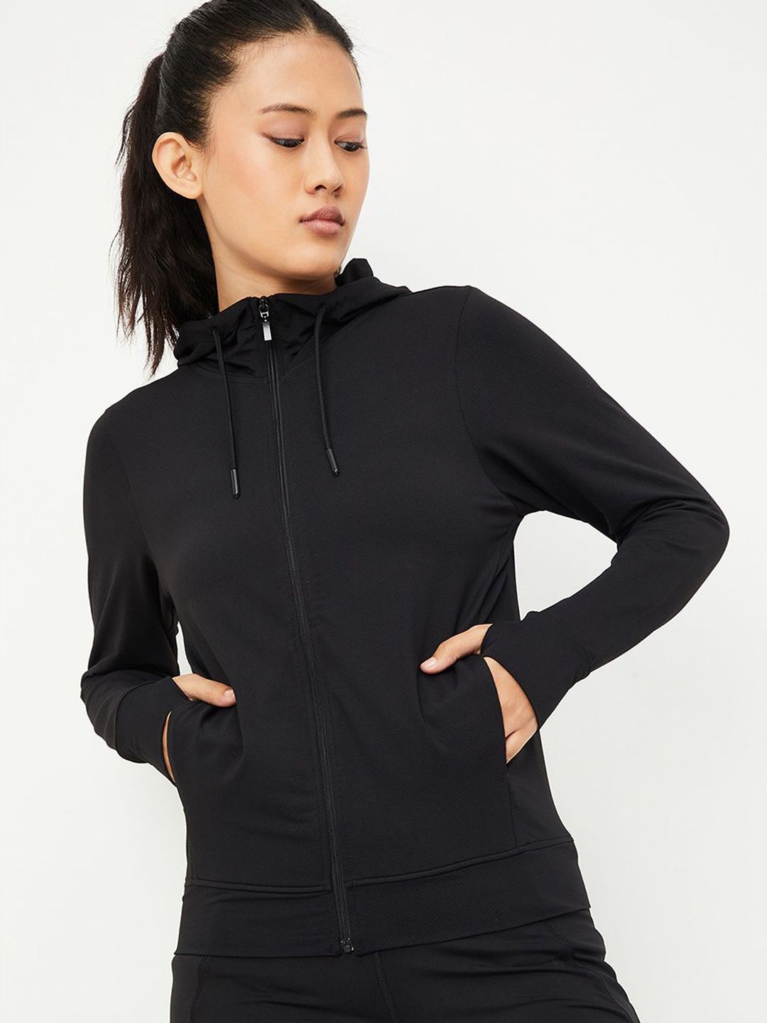 max Women Solid Hooded Bomber Jacket