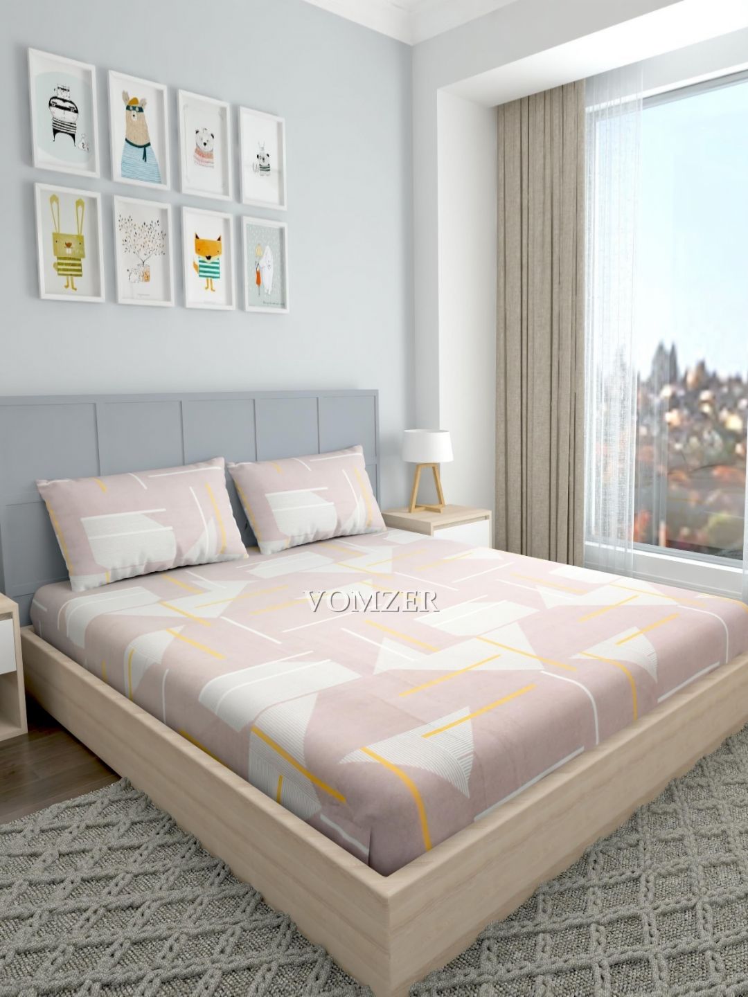 VOMZER Peach-Coloured Geometric 300 TC Queen Bedsheet with 2 Pillow Covers-picture-41
