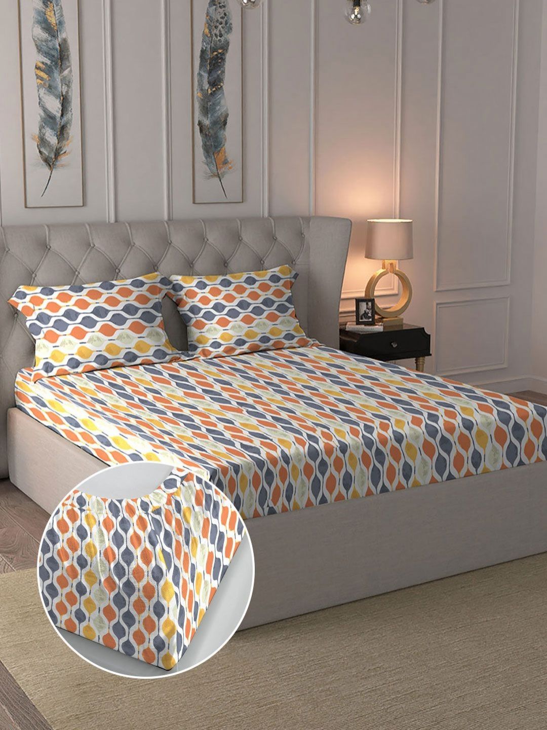 MYTRIDENT White & Yellow Geometric 144 TC King Bedsheet with 2 Pillow Covers-picture-26