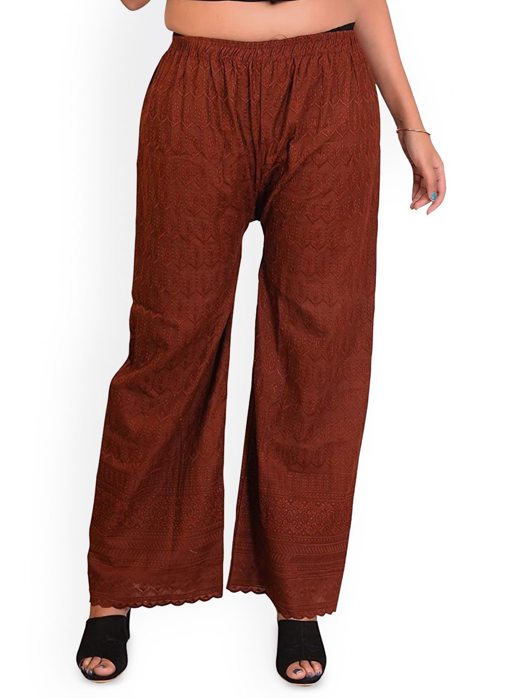 SRISARAS Women Ethnic Motif Embroidered Relaxed Fit Cotton Parallel Trousers-image-42