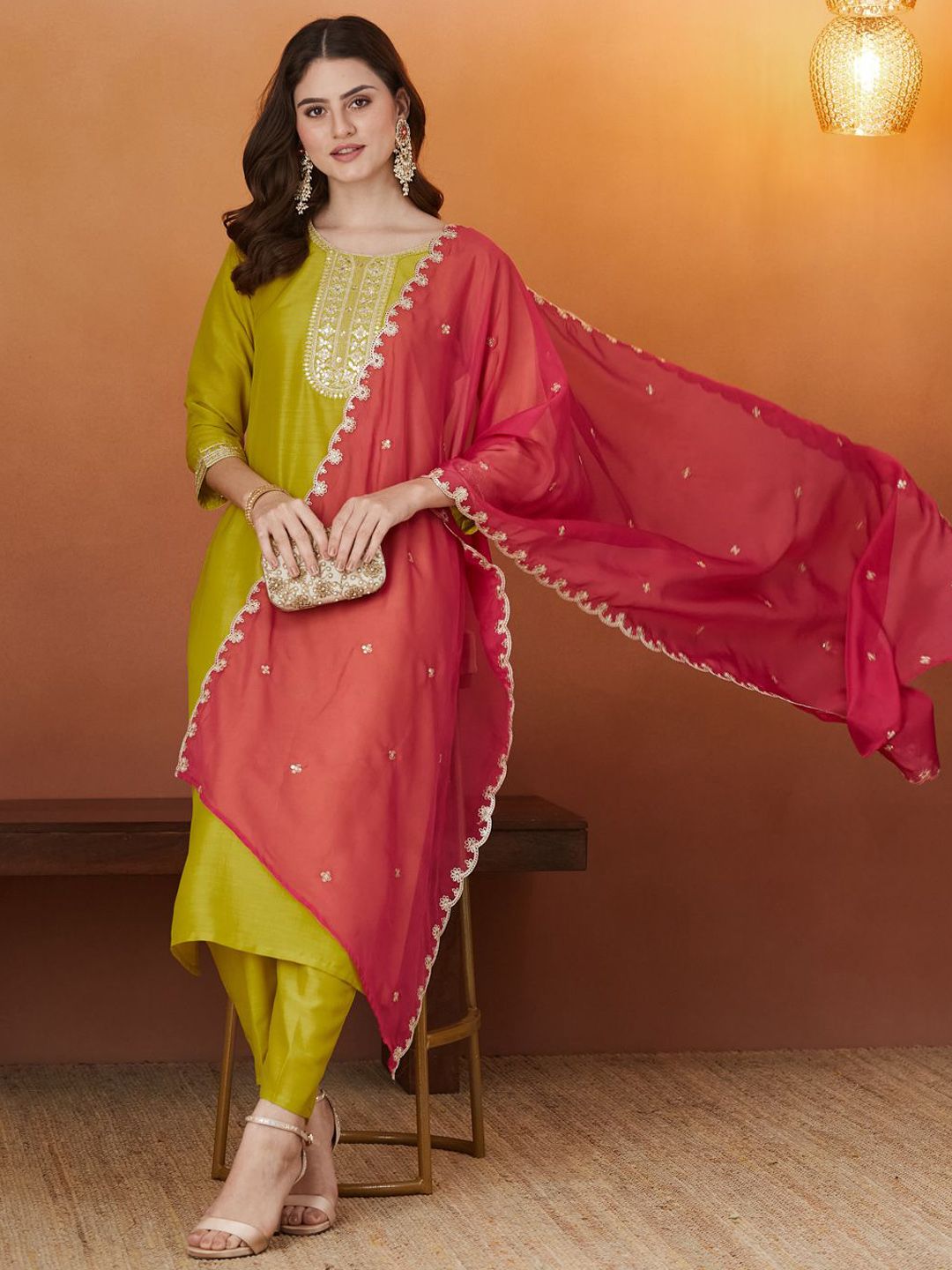 MOKOSH Women Ethnic Motifs Embroidered Sequinned Straight Kurta with Trousers & Dupatta