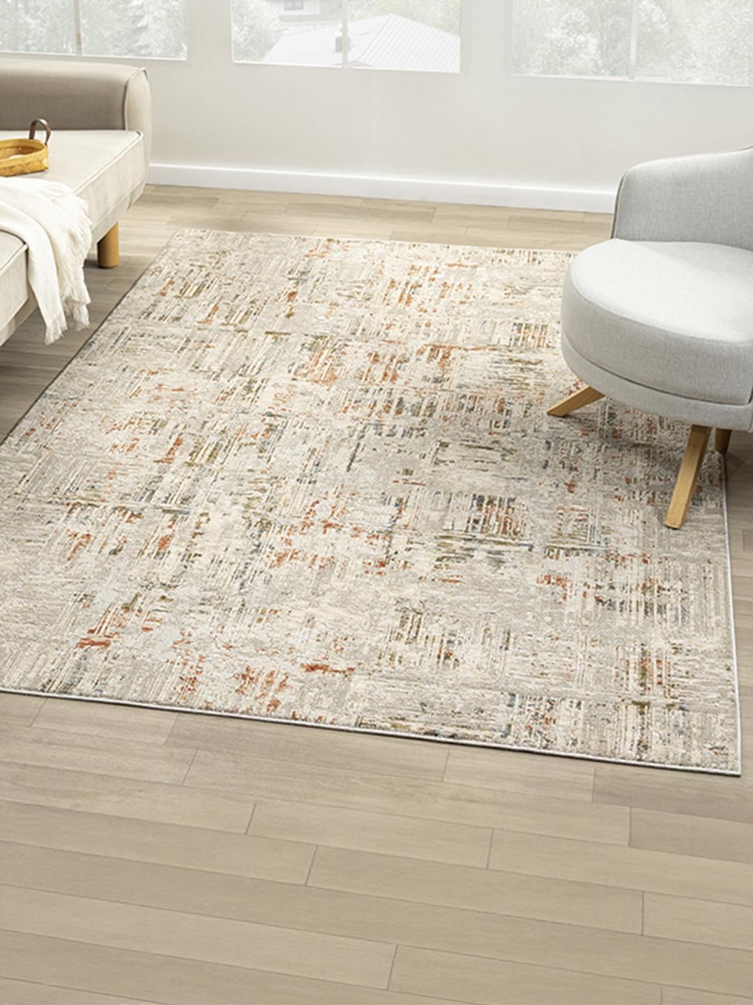 Kaleen India Cream-Coloured Abstract Anti-Skid Polyester Carpet