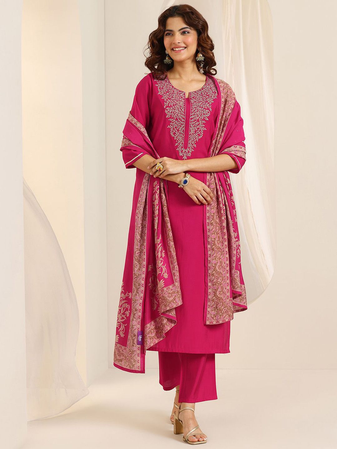 Libas Women Floral Yoke Design Regular Thread Work Kurta & Trouser With Dupatta-image-8