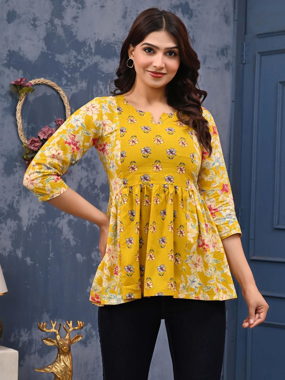 label adrija Pure Cotton Round Neck Floral Printed Anarkali Short Kurti for Women's Flared Hem-picture-24