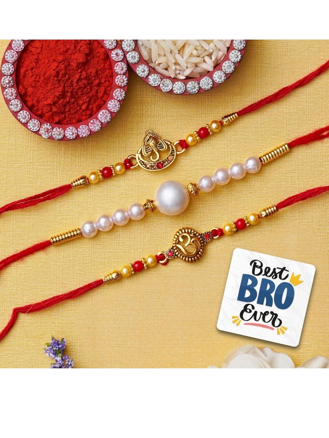 eCraftIndia Set Of 3 Stone-Studded Rakhi With Roli Rice & Best Bro Ever Fridge Magnet-picture-11