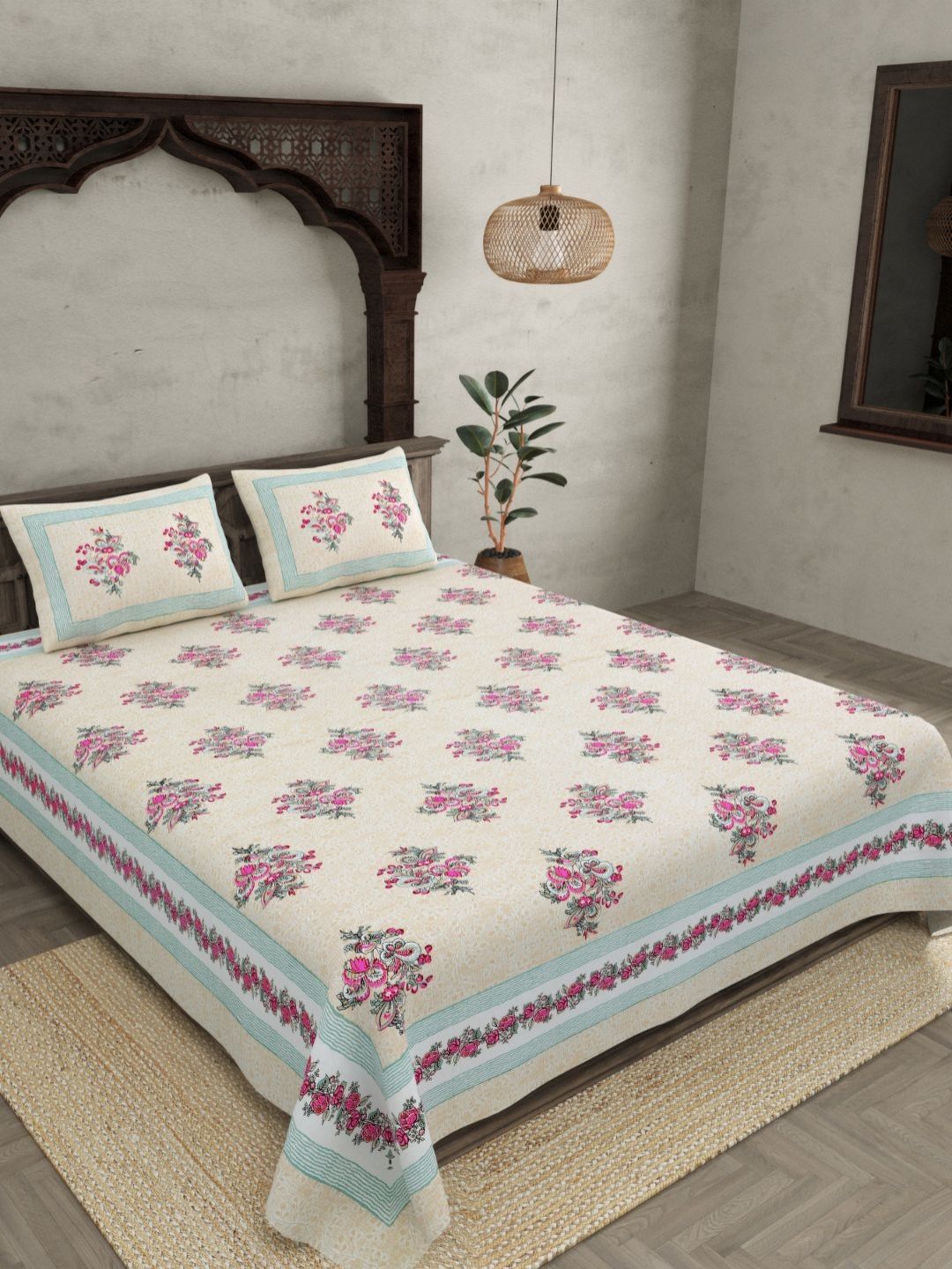 JAIPUR FABRIC Pink & Cream-Coloured Floral 180 TC King Bedsheet with 2 Pillow Covers-image-22