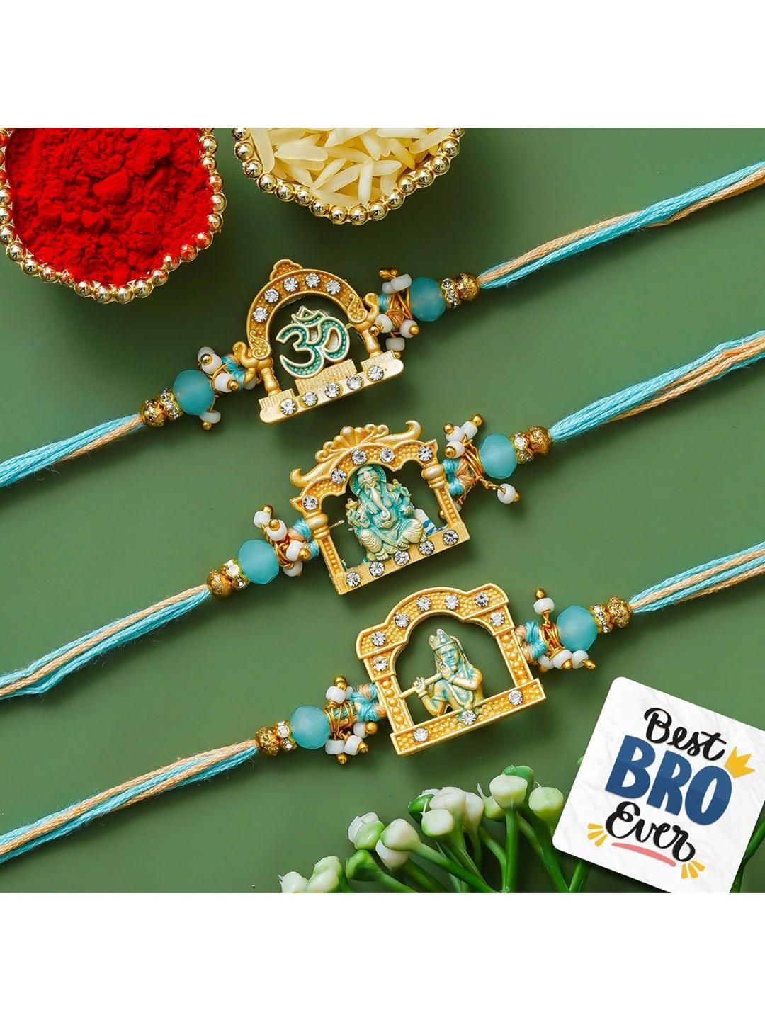 eCraftIndia Set Of 3 Stone-Studded Rakhi With Roli Rice & Best Bro Ever Fridge Magnet-picture-38