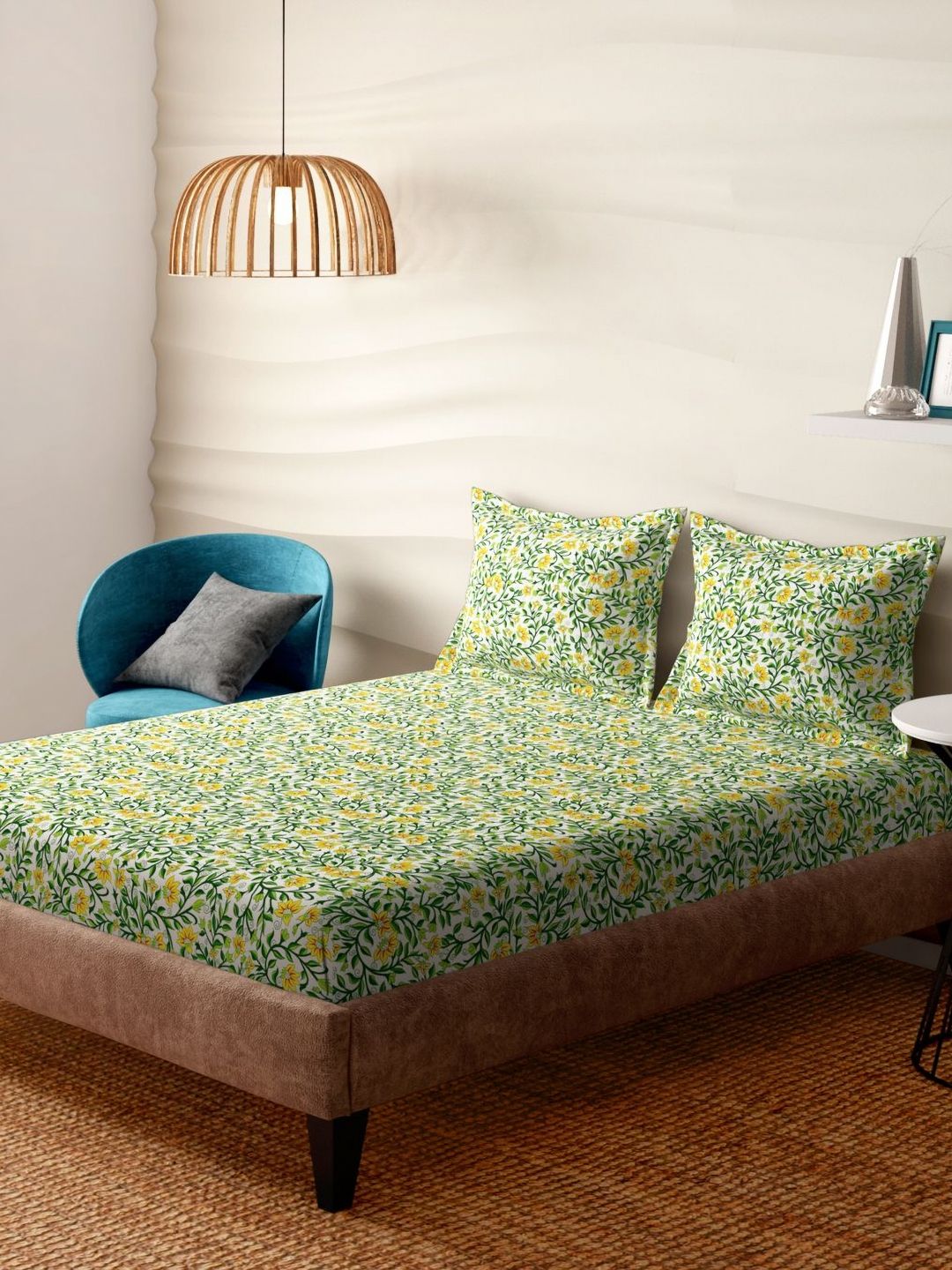 Portico Jade Glint Green & Yellow Floral Cotton 300 TC Super King Bedsheet Set-2.74mX2.74m-picture-31