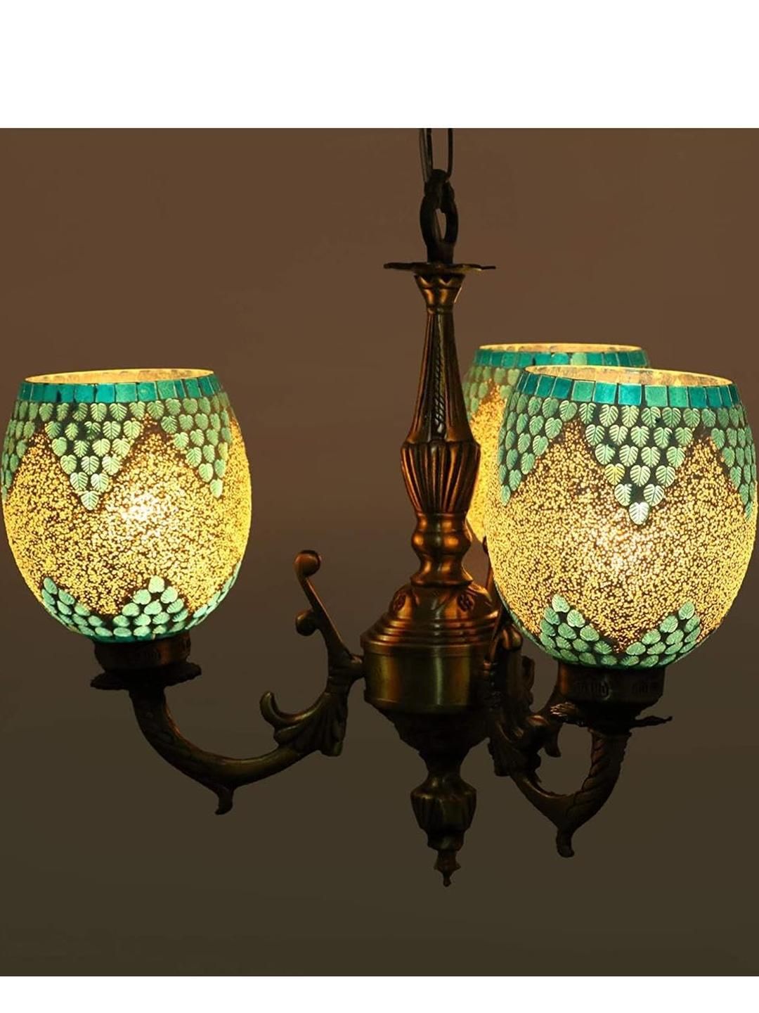 Somil Antique 3-Light Chandelier with Mosaic Glass Shades, Firozi and White Lighting Effect, Metal Fitting. LED Compatible. Dia: 48 X 48 X 100 Cm.-picture-43