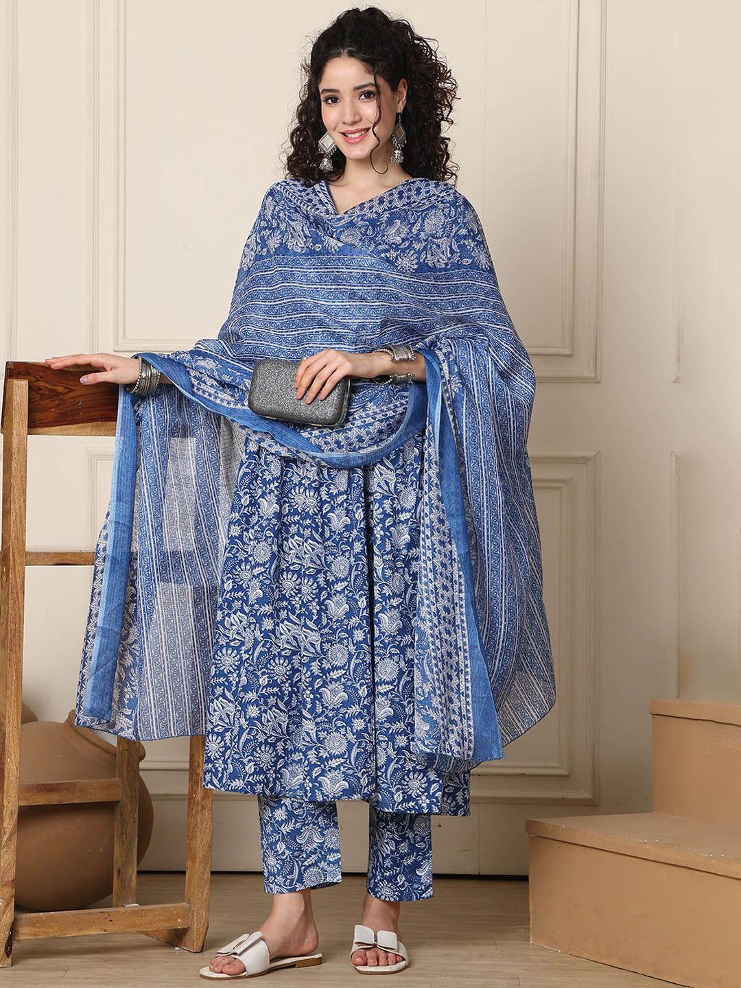 Roly Poly Floral Printed V-Neck Pleated Anarkali Kurta With Trousers And Dupatta