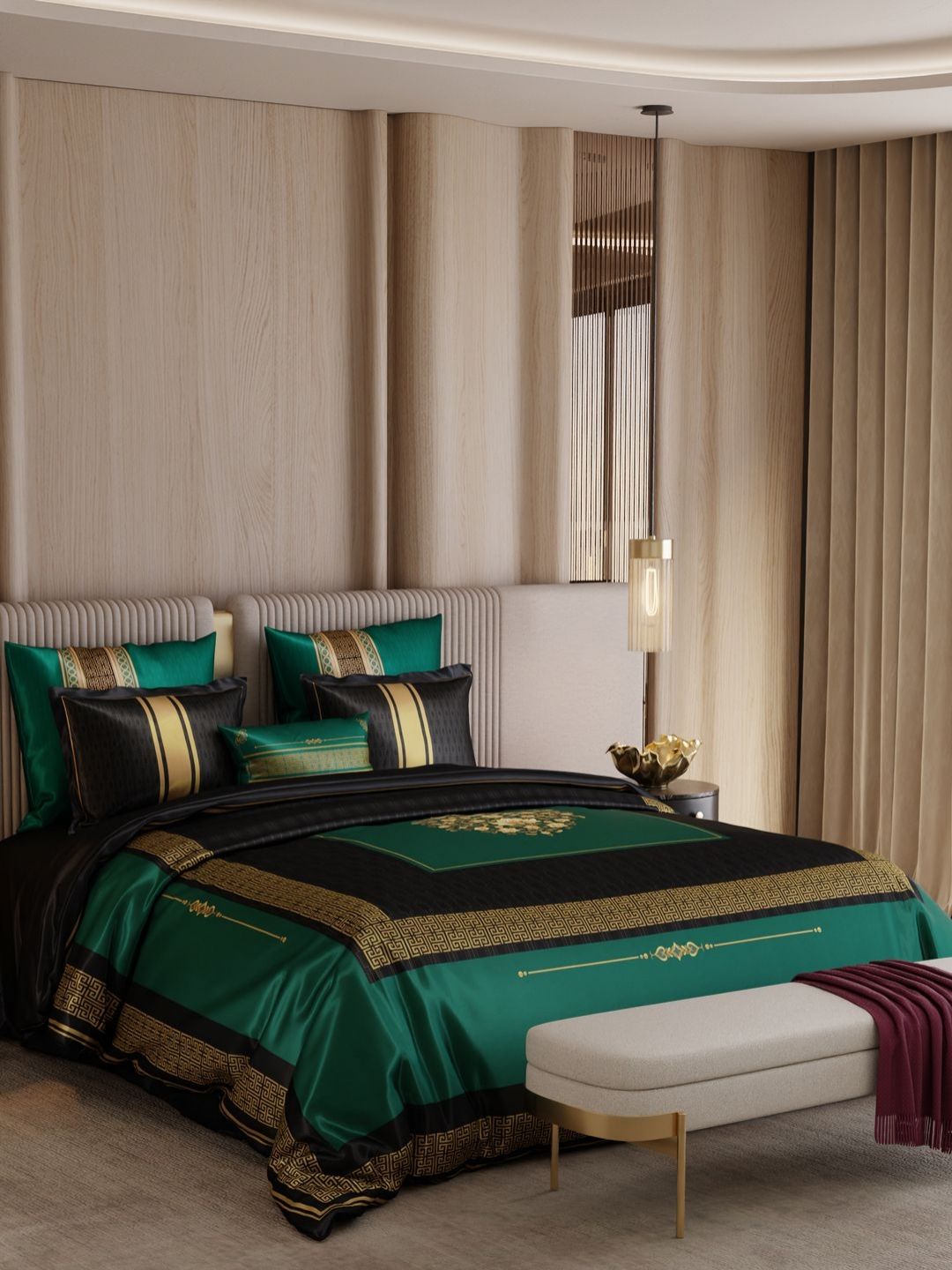Stoa Paris Green & Gold-Toned Ethnic Motifs Other 7 Piece Double Extra Large Superfine Bedding Set-picture-20