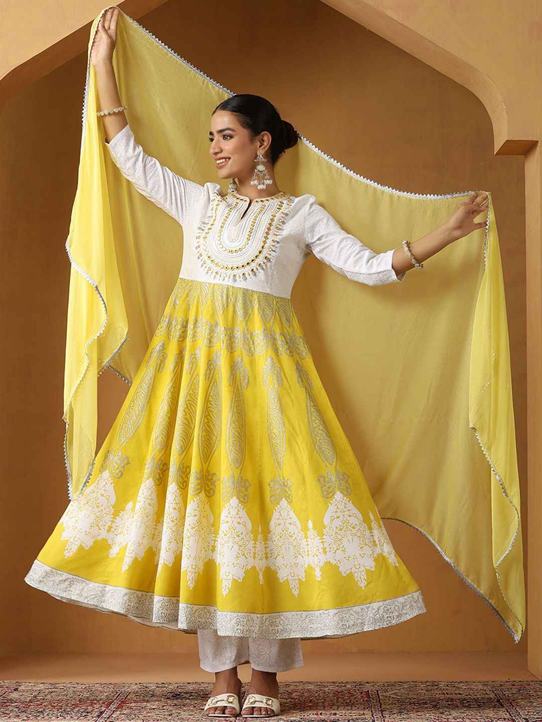 Khushal K Women Floral Printed Anarkali Kurta with Palazzos & Dupatta