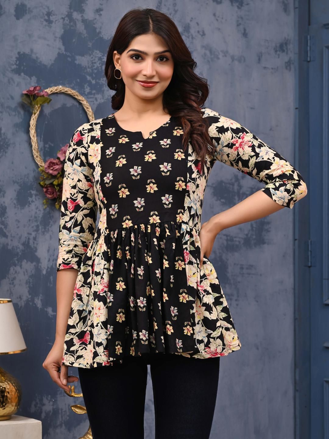 Pure Cotton Round Neck Floral Printed Anarkali Short Kurti for Women's Flared Hem-image-34