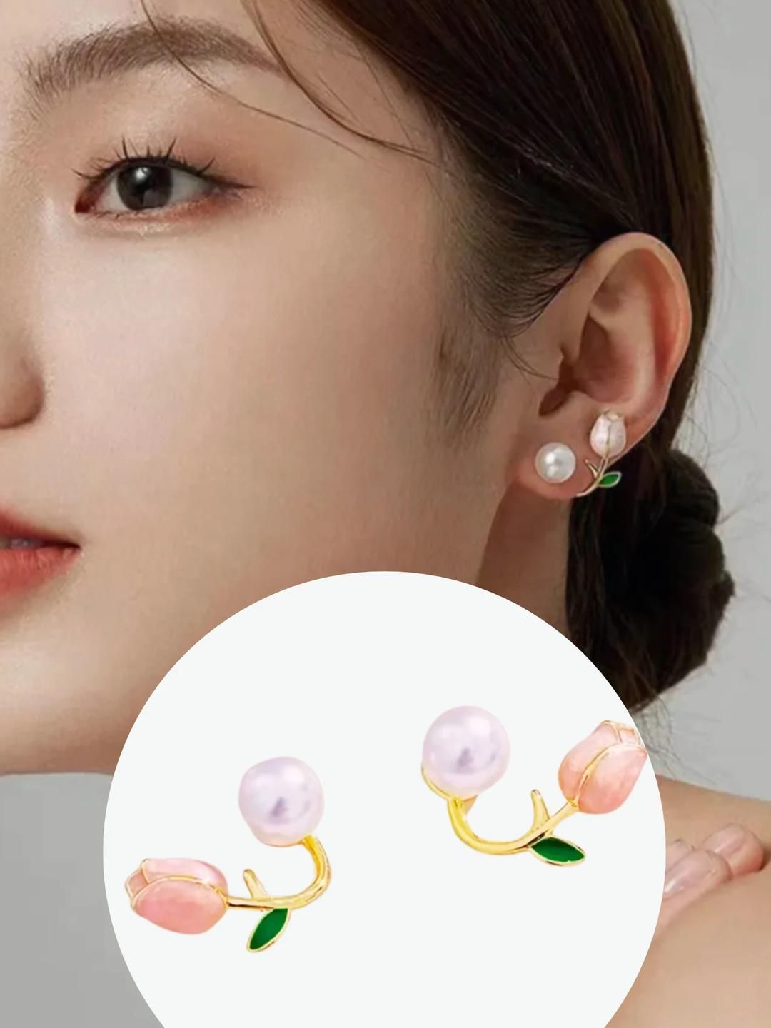 rappersshop Light Luxury Pink Tulip Flower Pearl Stud Earrings-picture-45
