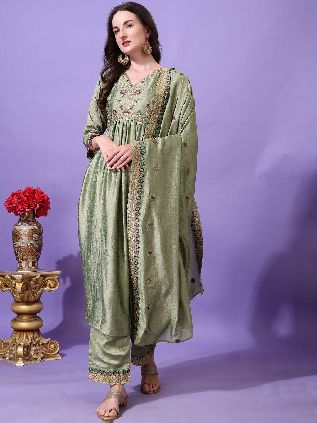 Granthva Fab Ethnic Motifs Embroidered Regular Sequinned Kurta With Trousers & Dupatta