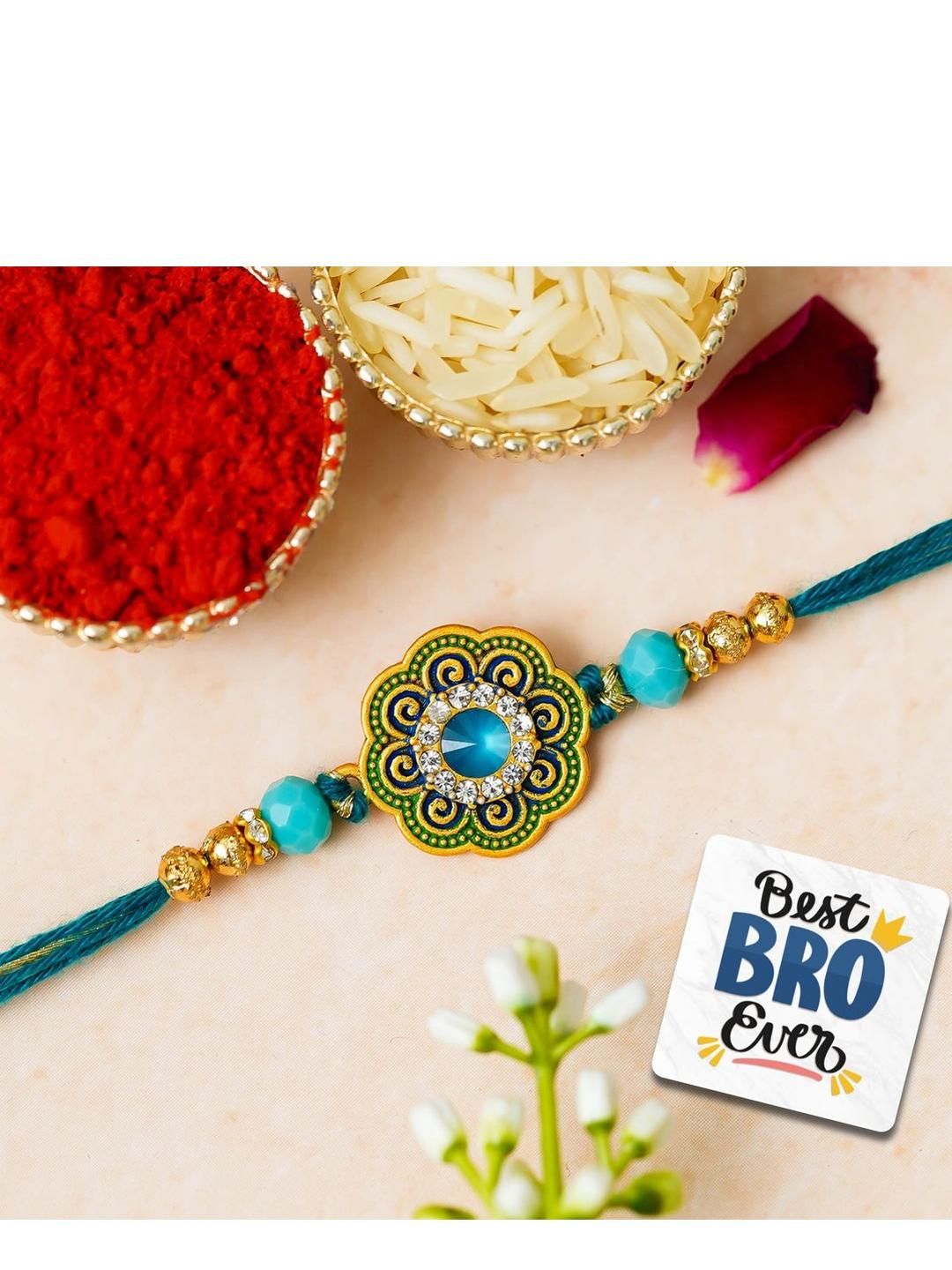 eCraftIndia Stone-Studded & Beaded Rakhi With Roli Rice & Magnet-picture-12