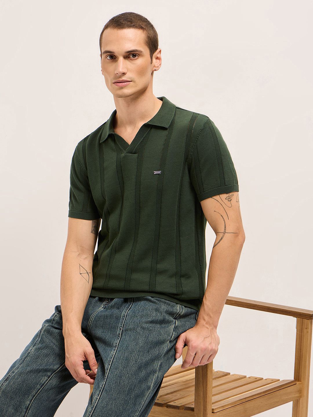 THE BEAR HOUSE THE BEAR HOUSE Textured Polo Collar Slim Fit Pure Cotton T-Shirt