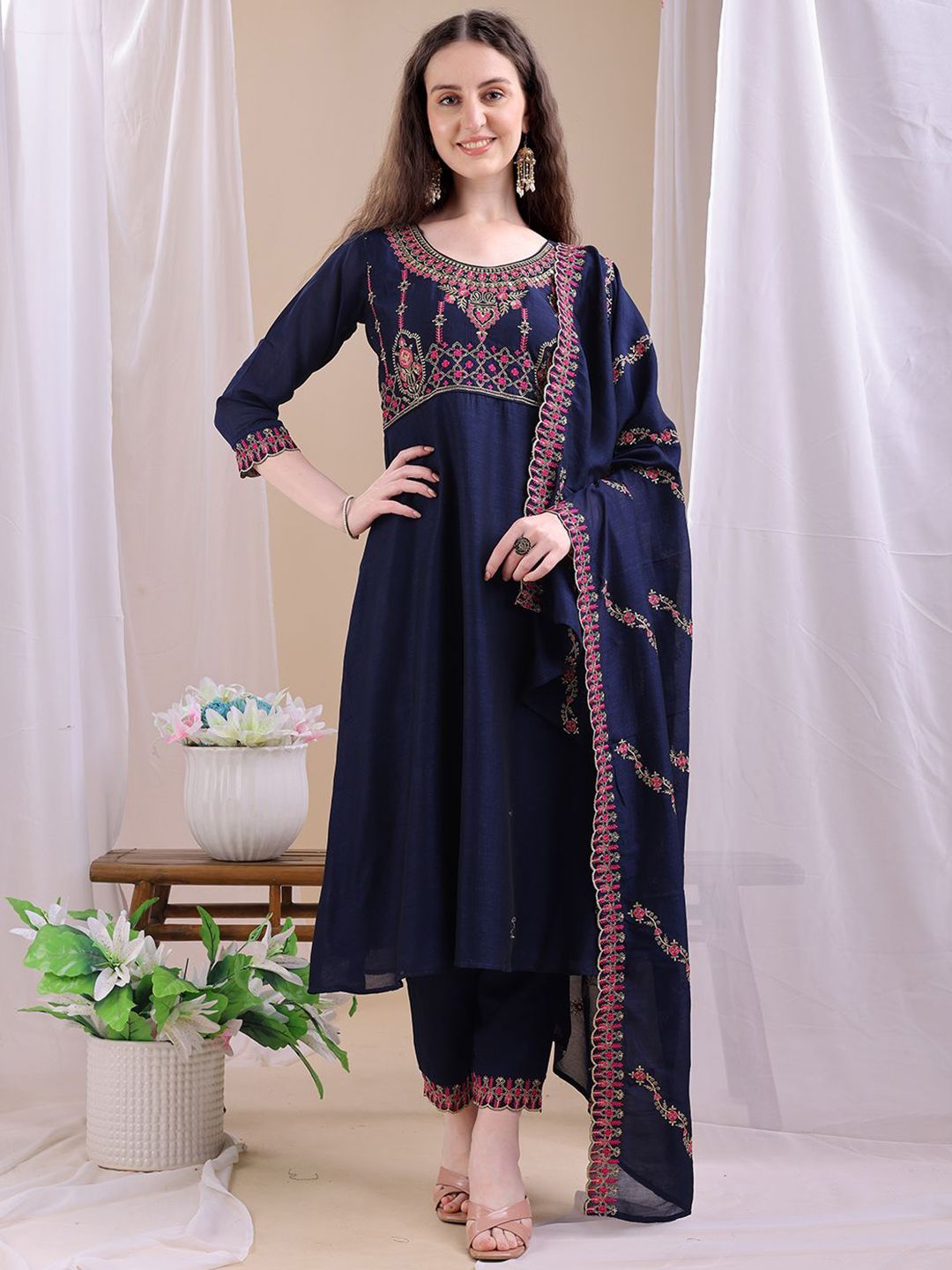 Granthva Fab Ethnic Motifs Embroidered Thread Work Kurta With Trousers & Dupatta