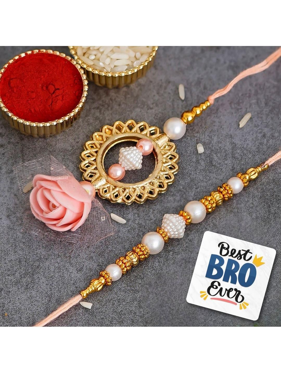 eCraftIndia Set Of 2 Stone-Studded Rakhi With Roli Rice & Best Bro Ever Fridge Magnet-picture-15