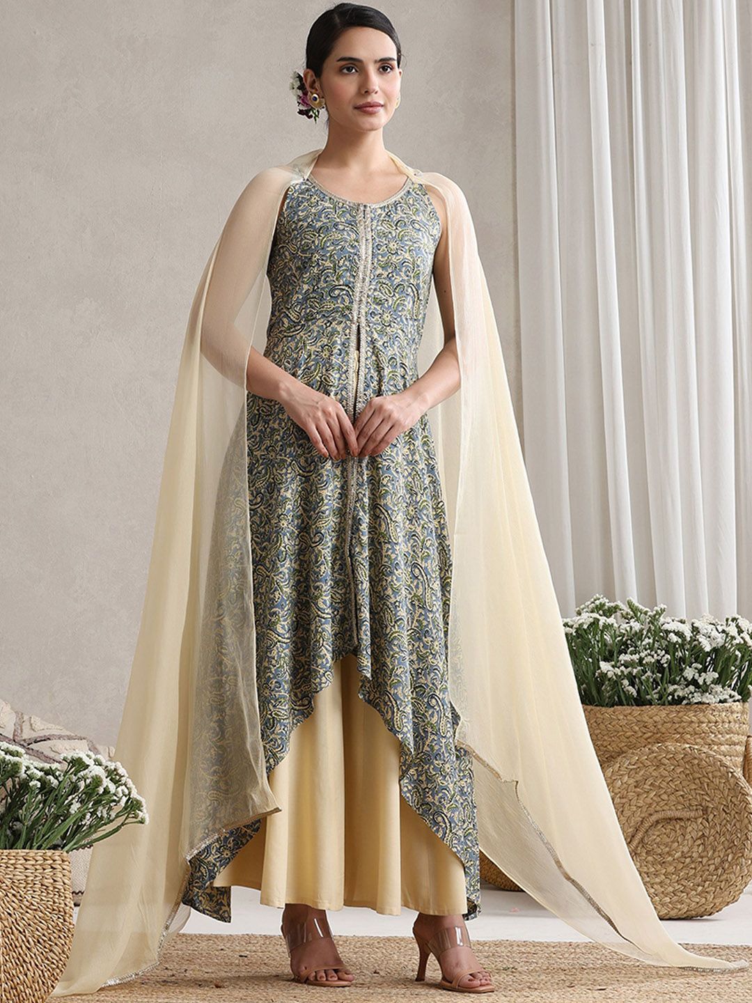 Khushal K Floral Printed A-Line Kurta With Palazzos & Dupatta