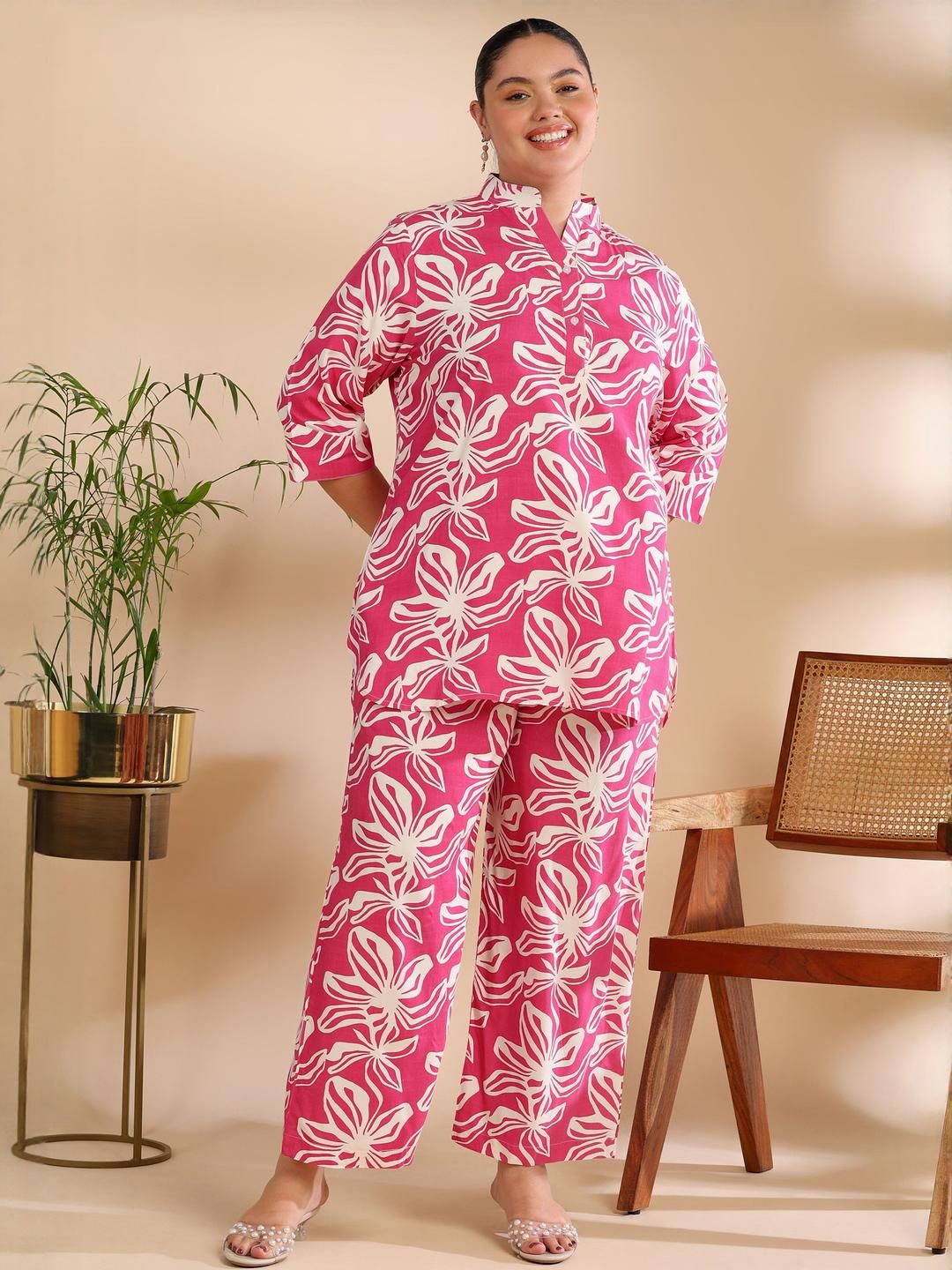 ISHQY Printed Pure Cotton Mandarin Collar Top & Palazzos Co-Ords Set