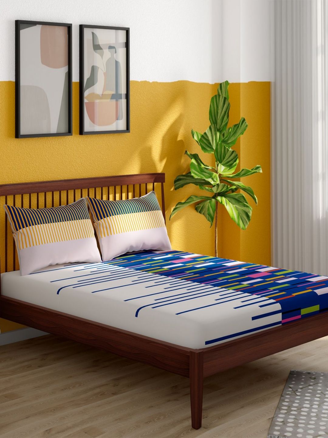 Portico Pixelpop White & Blue Abstract Cotton 152 TC Double King Bedsheet Set-2.24mx2.74m-image-20