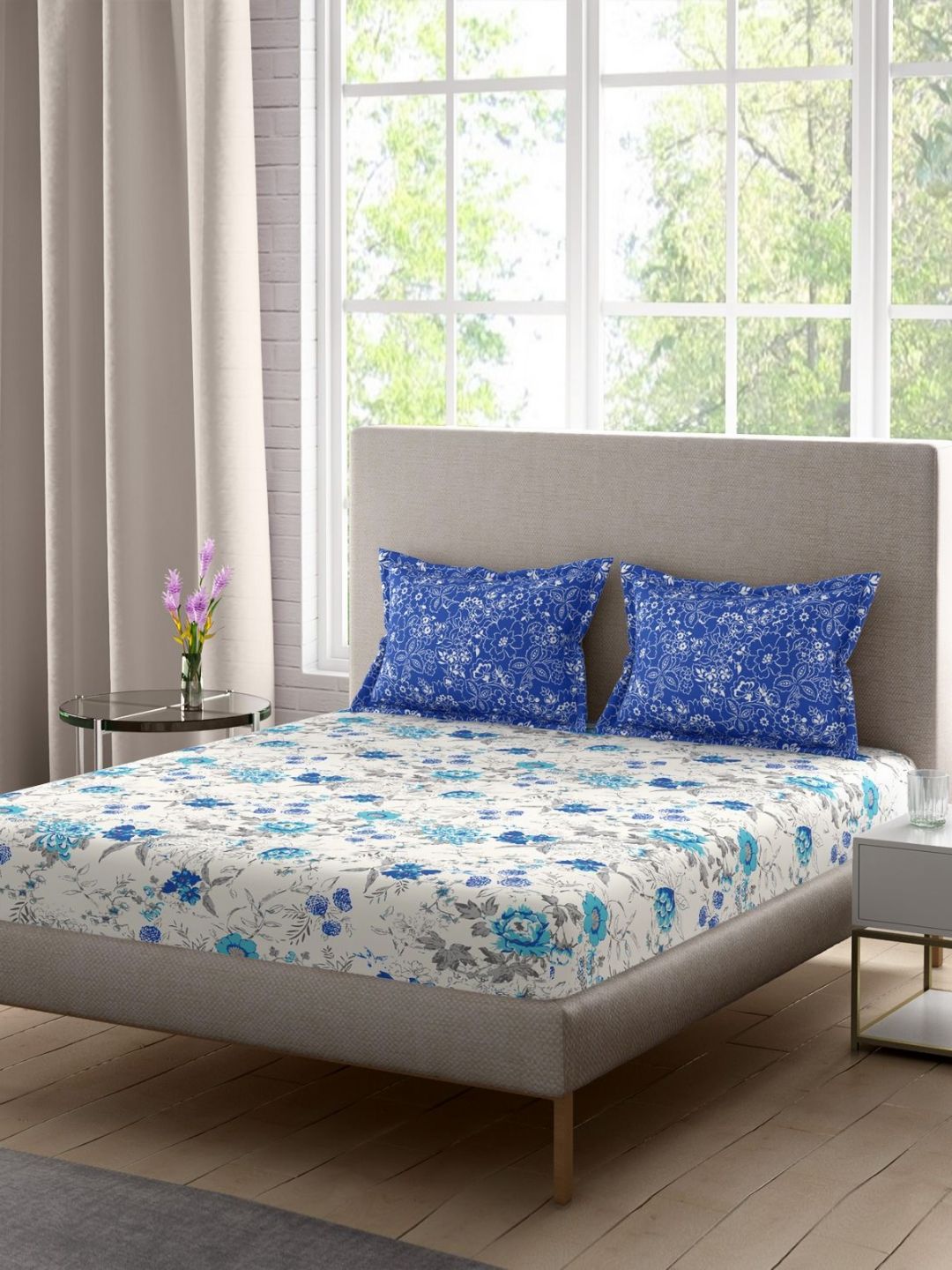 Portico Celestia White & Blue Floral Cotton 136 TC Double Queen Bedsheet Set-2.24mx2.54m-image-44