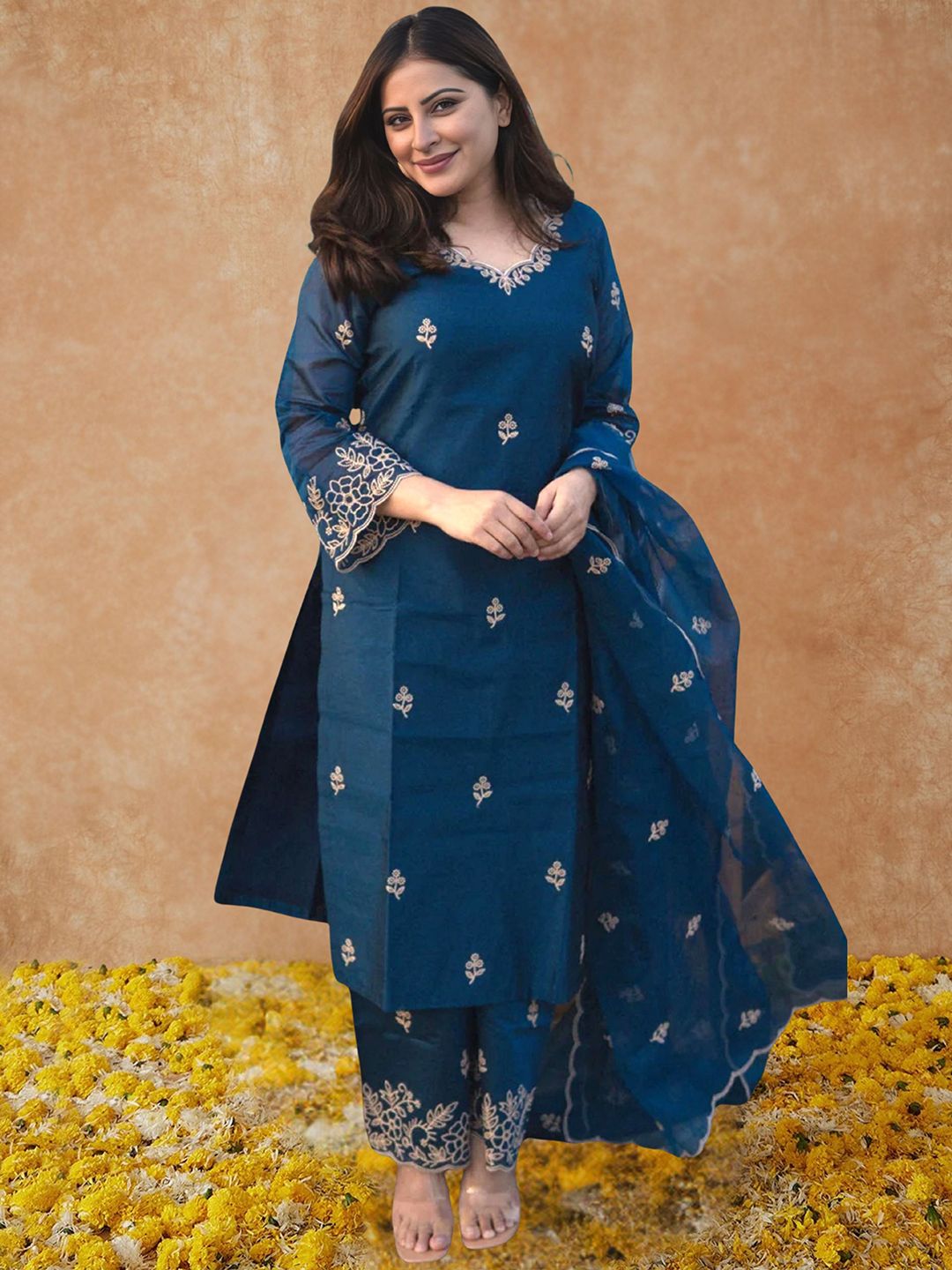 Royal Export Floral Embroidered Straight Thread Work Kurta With Trousers & Dupatta